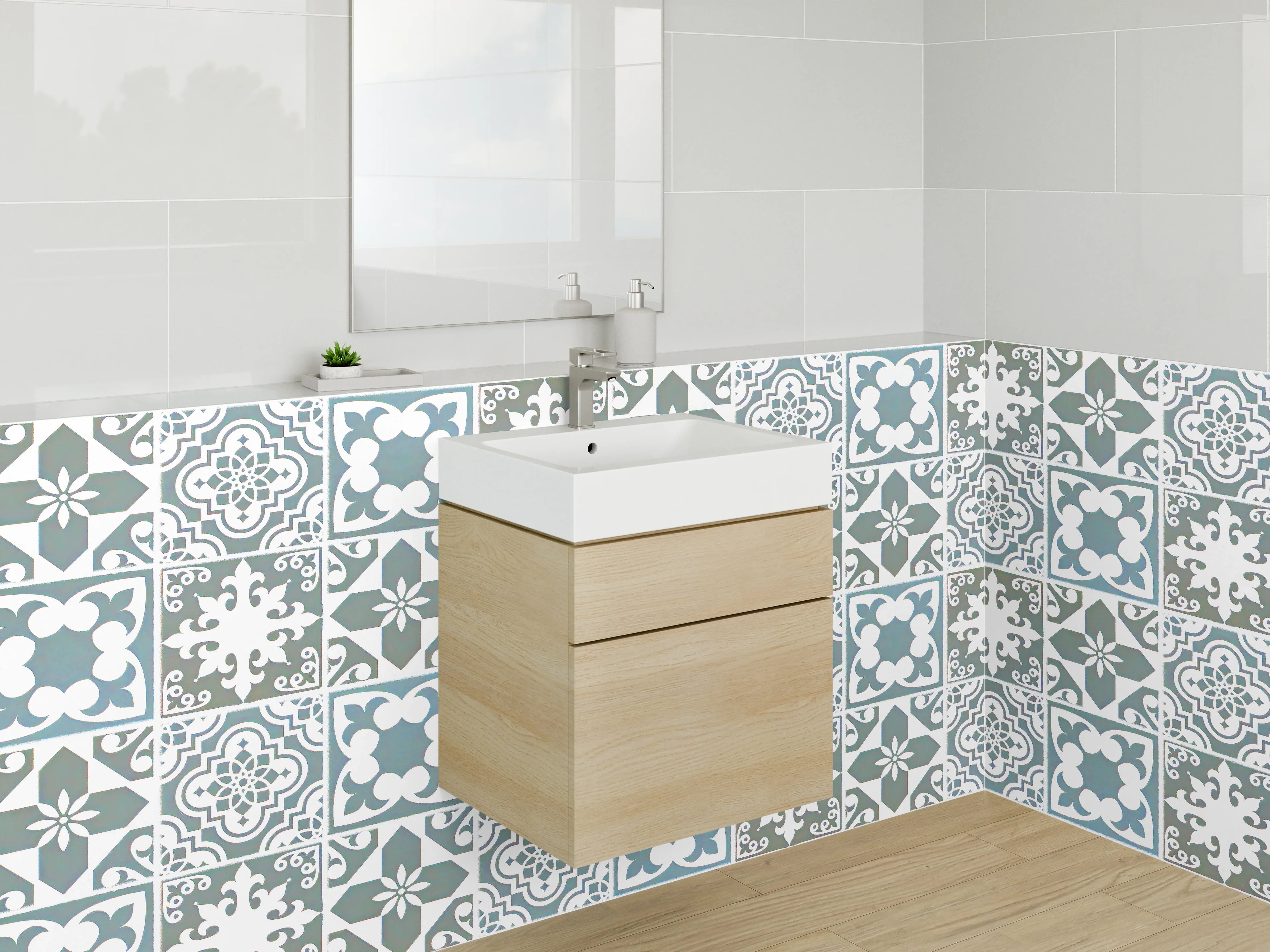 Waschbecken-Rückwand - Orientalisches Fliesenmuster Blau Grau