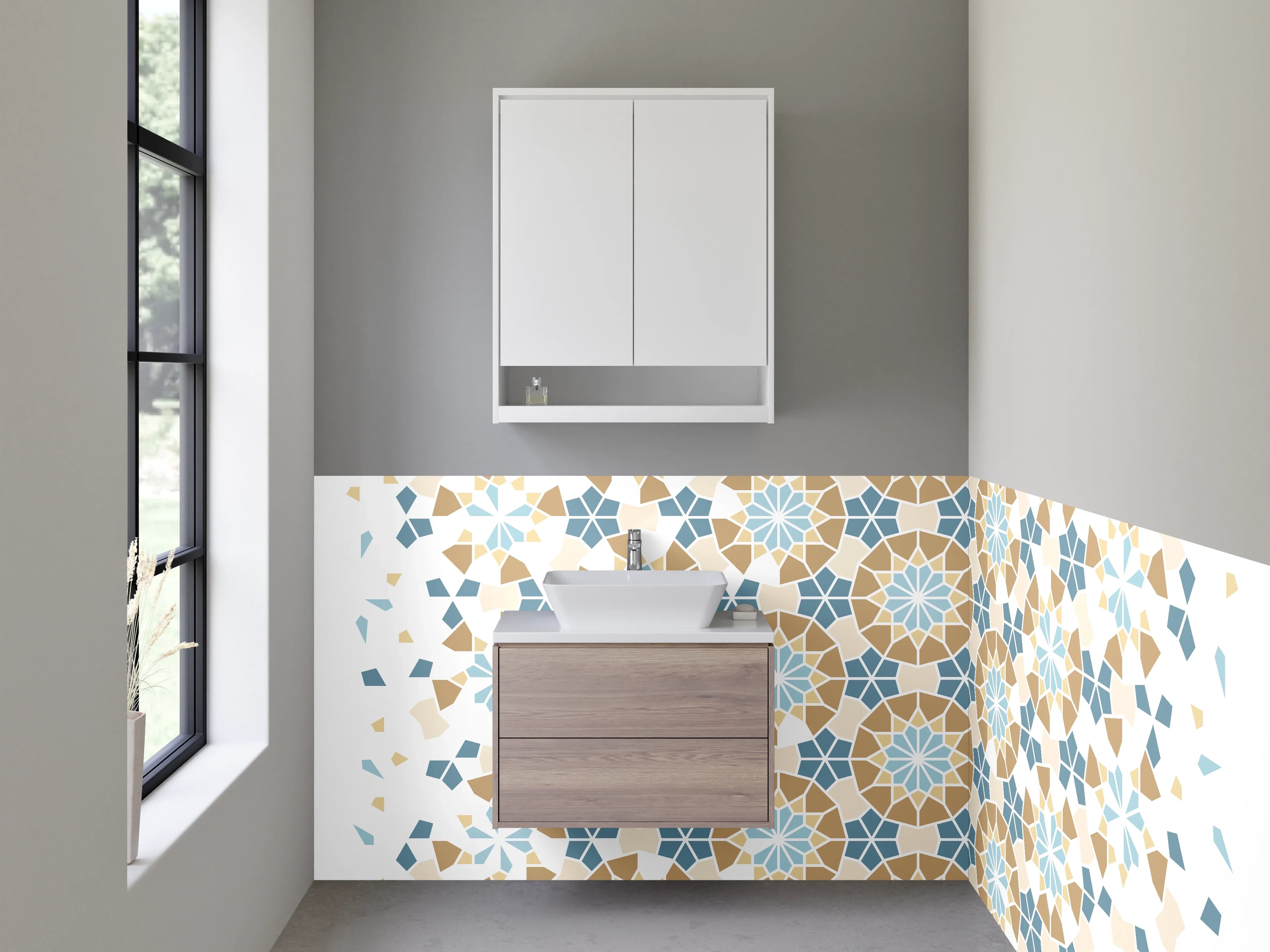 Waschbecken-Rückwand - Orientalisches Fliesenmuster Blau Grau Weiß