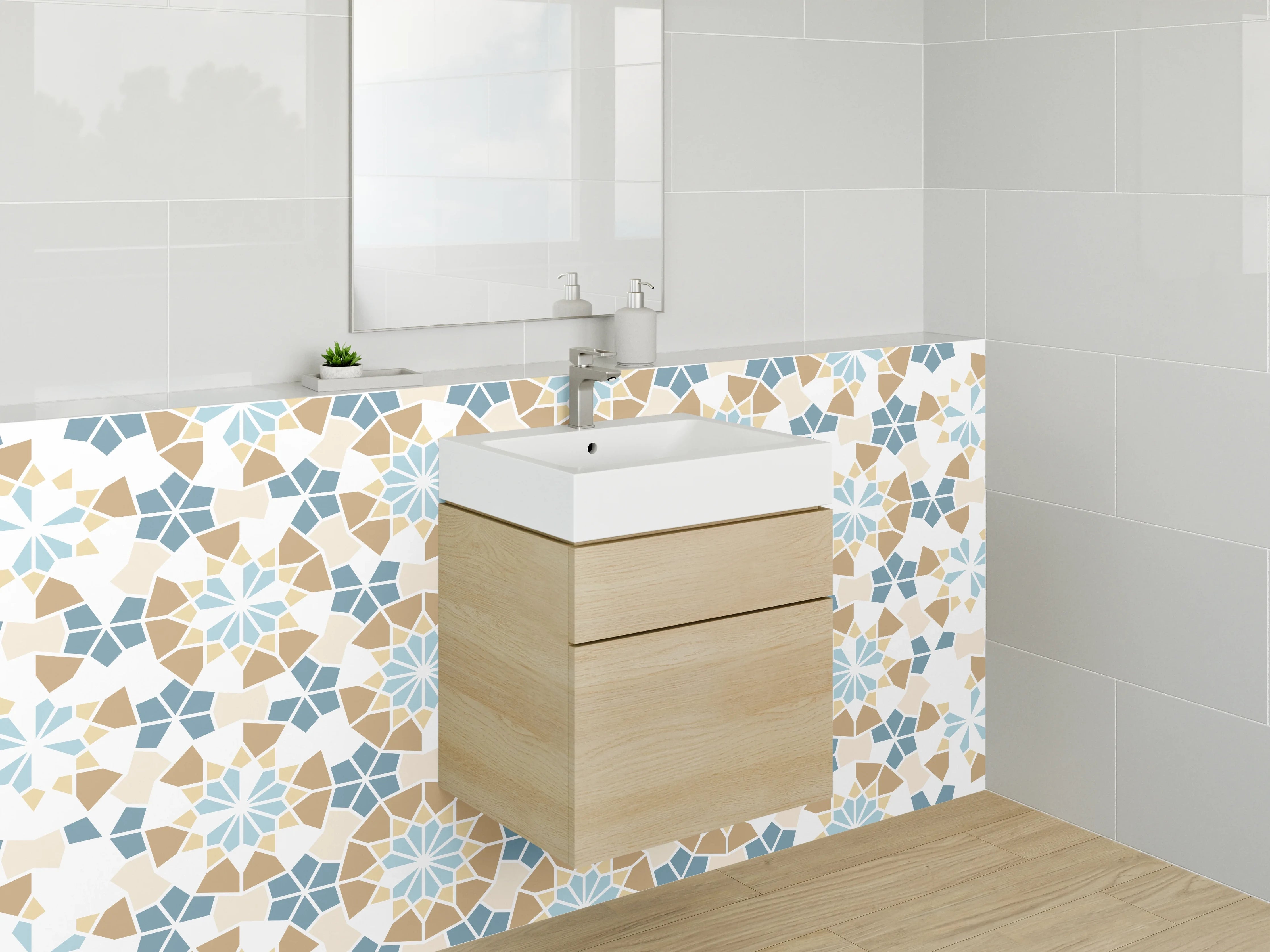 Waschbecken-Rückwand - Orientalisches Fliesenmuster Blau Grau Weiß