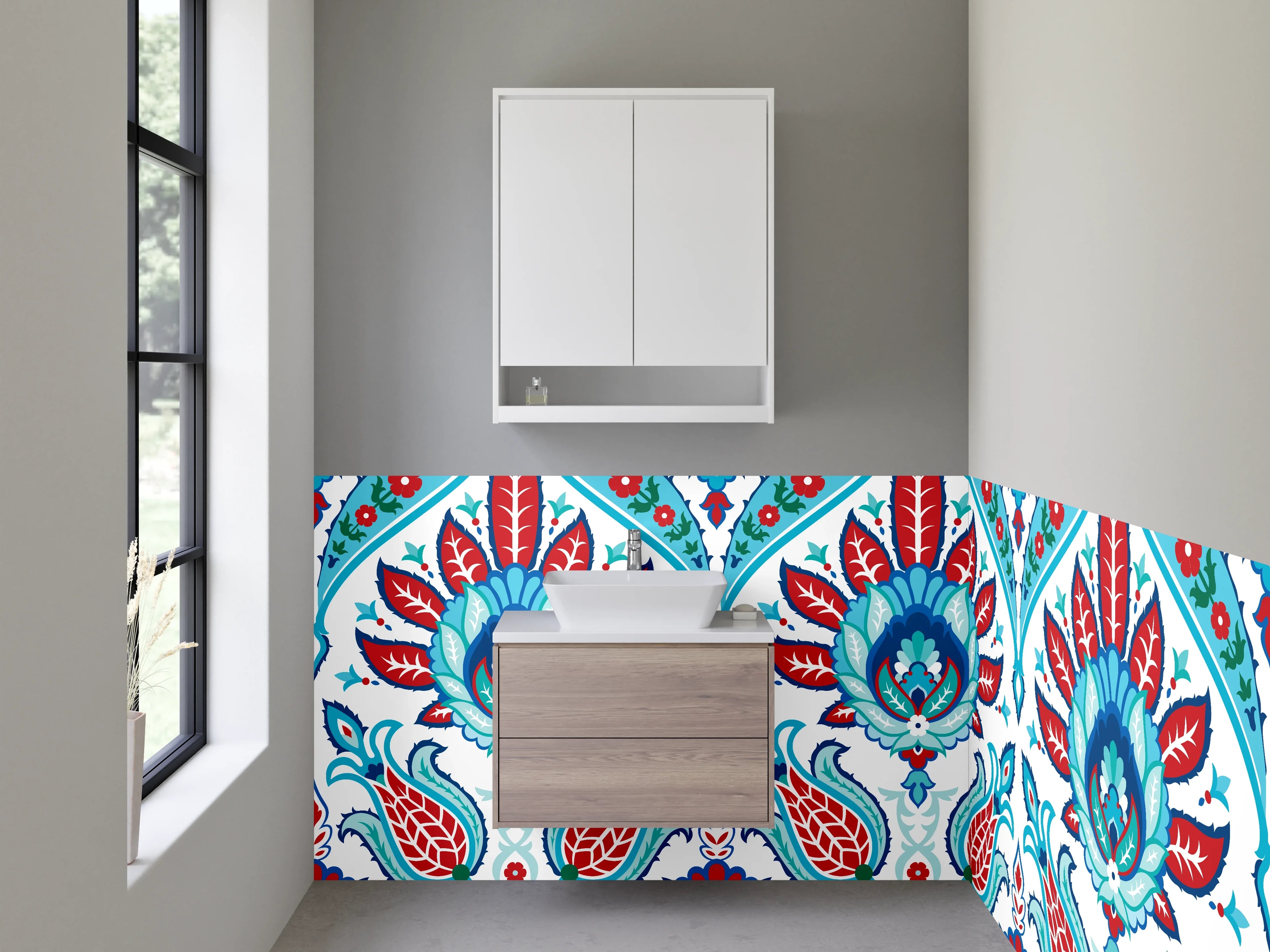 Waschbecken-Rückwand - Orientalisches Fliesenmuster Blau Rot Türkis