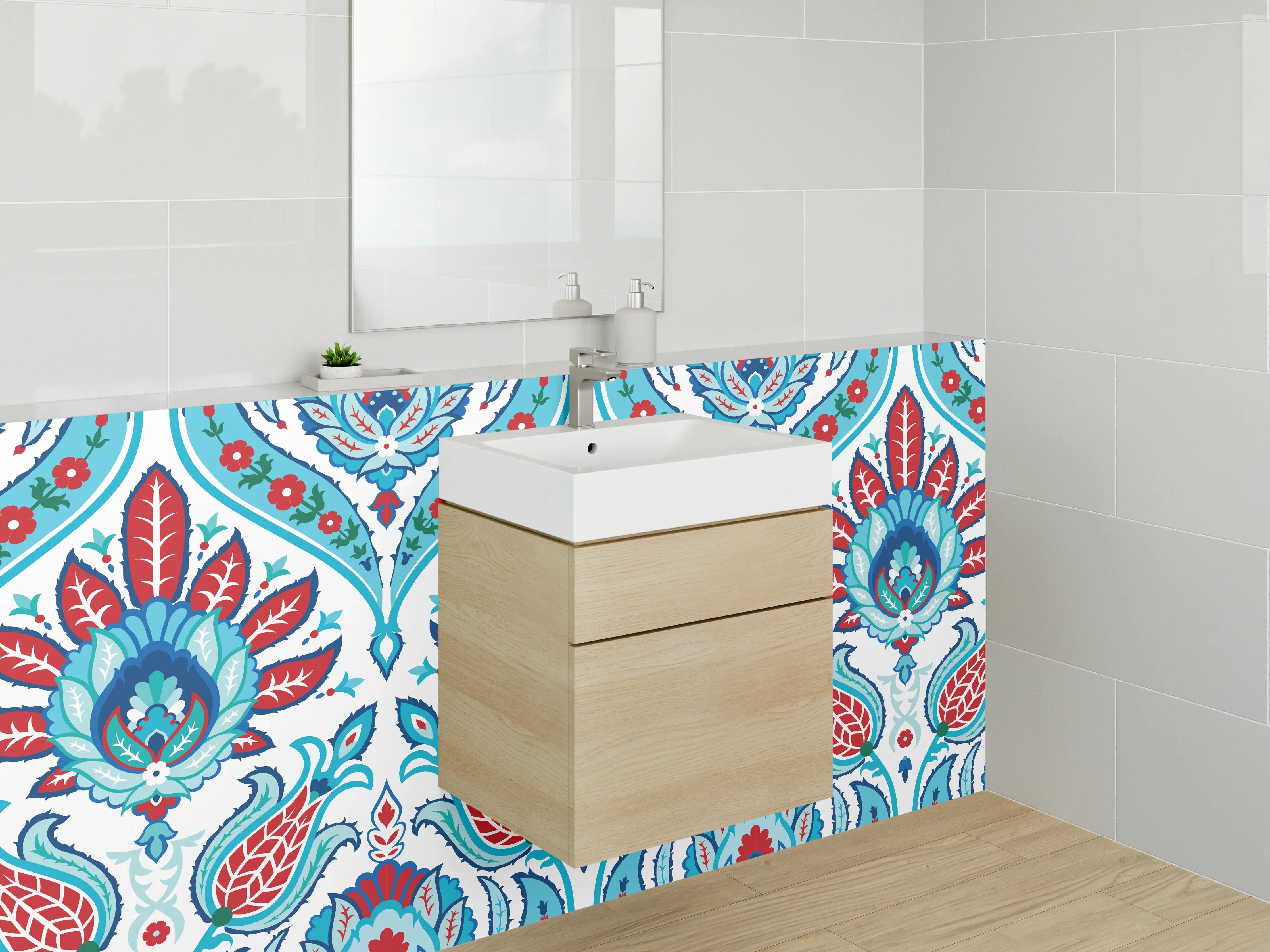 Waschbecken-Rückwand - Orientalisches Fliesenmuster Blau Rot Türkis