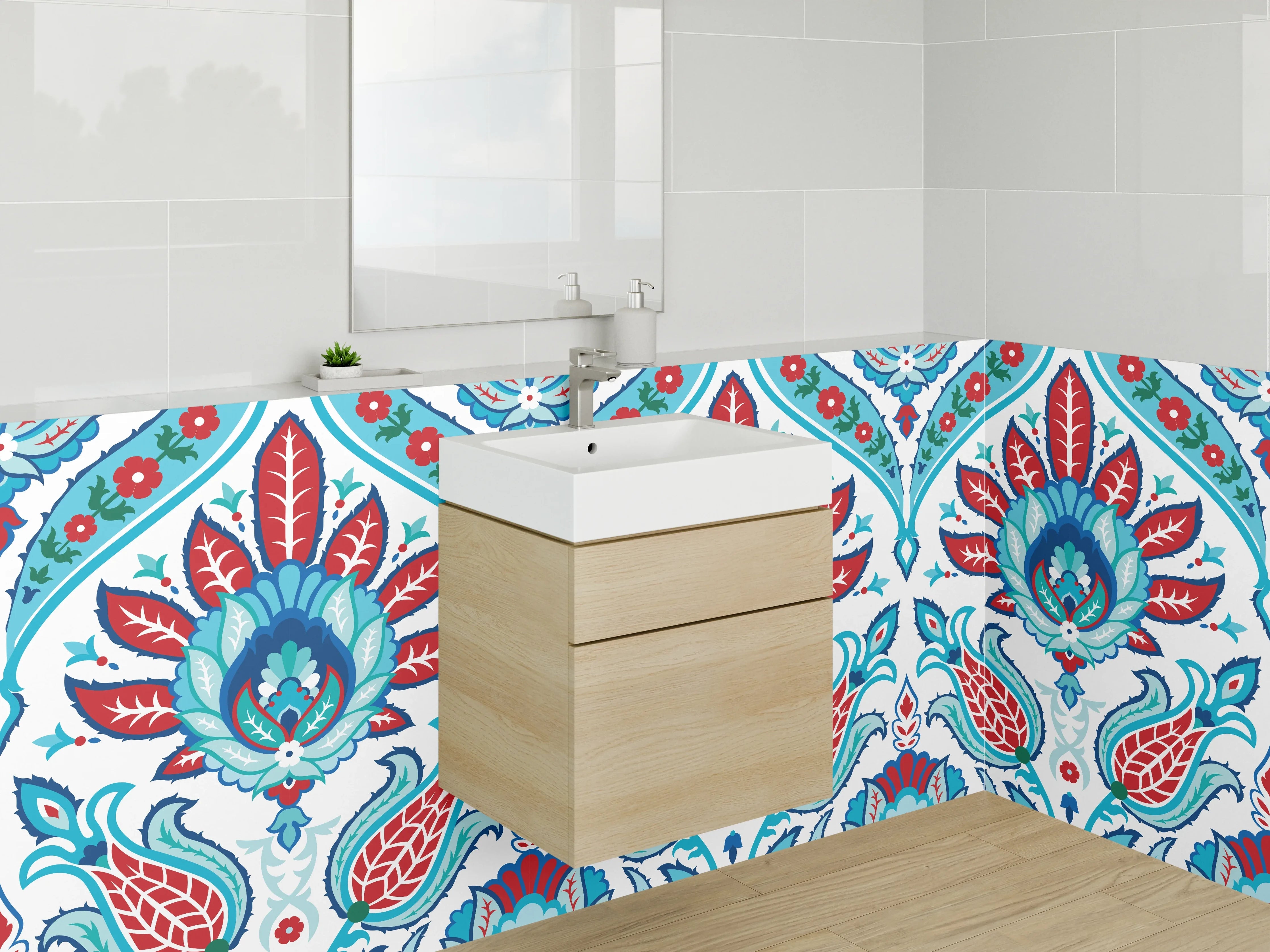 Waschbecken-Rückwand - Orientalisches Fliesenmuster Blau Rot Türkis
