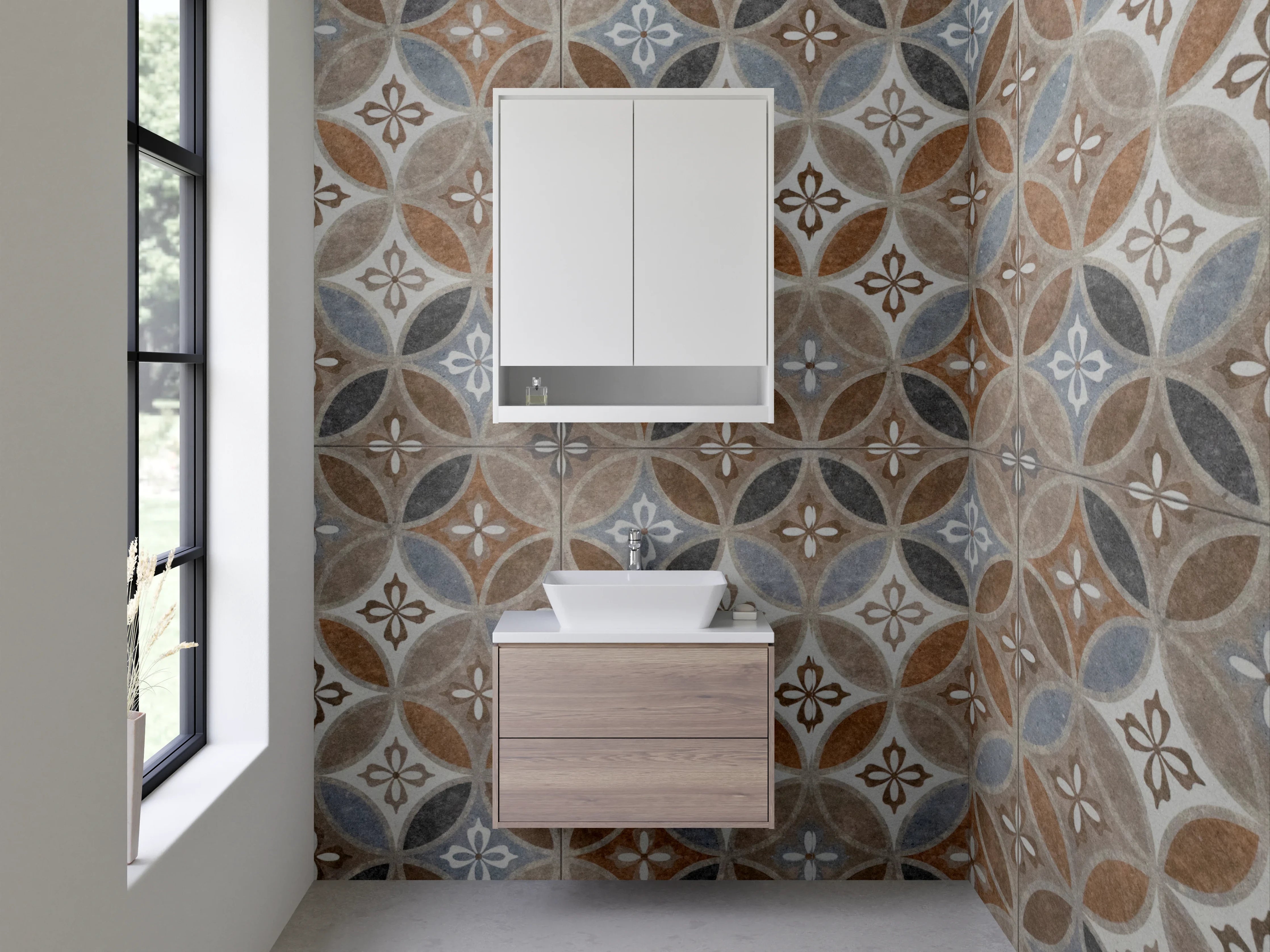 Waschbecken-Rückwand - Orientalisches Fliesenmuster Braun Grau Blau