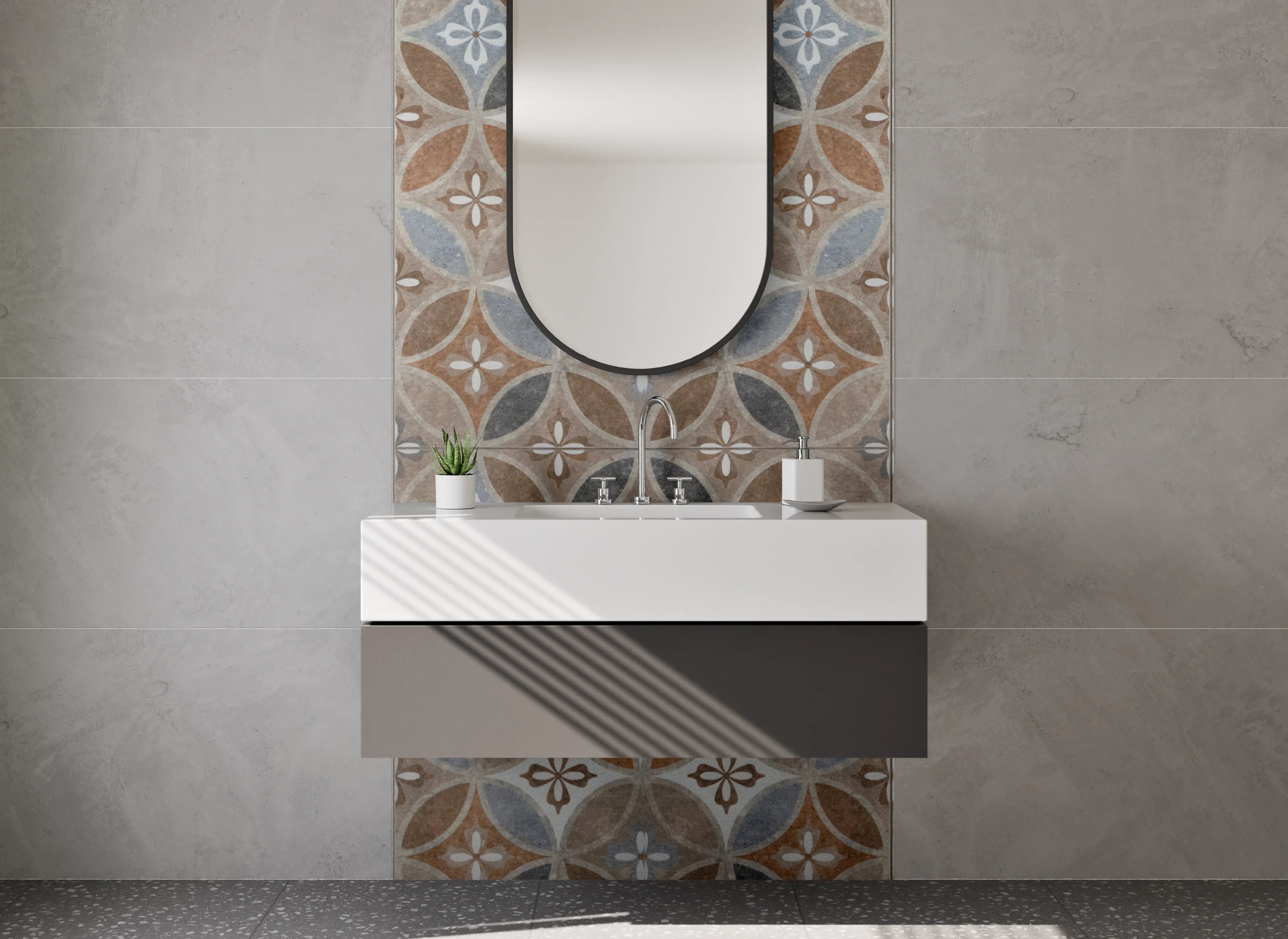 Waschbecken-Rückwand - Orientalisches Fliesenmuster Braun Grau Blau