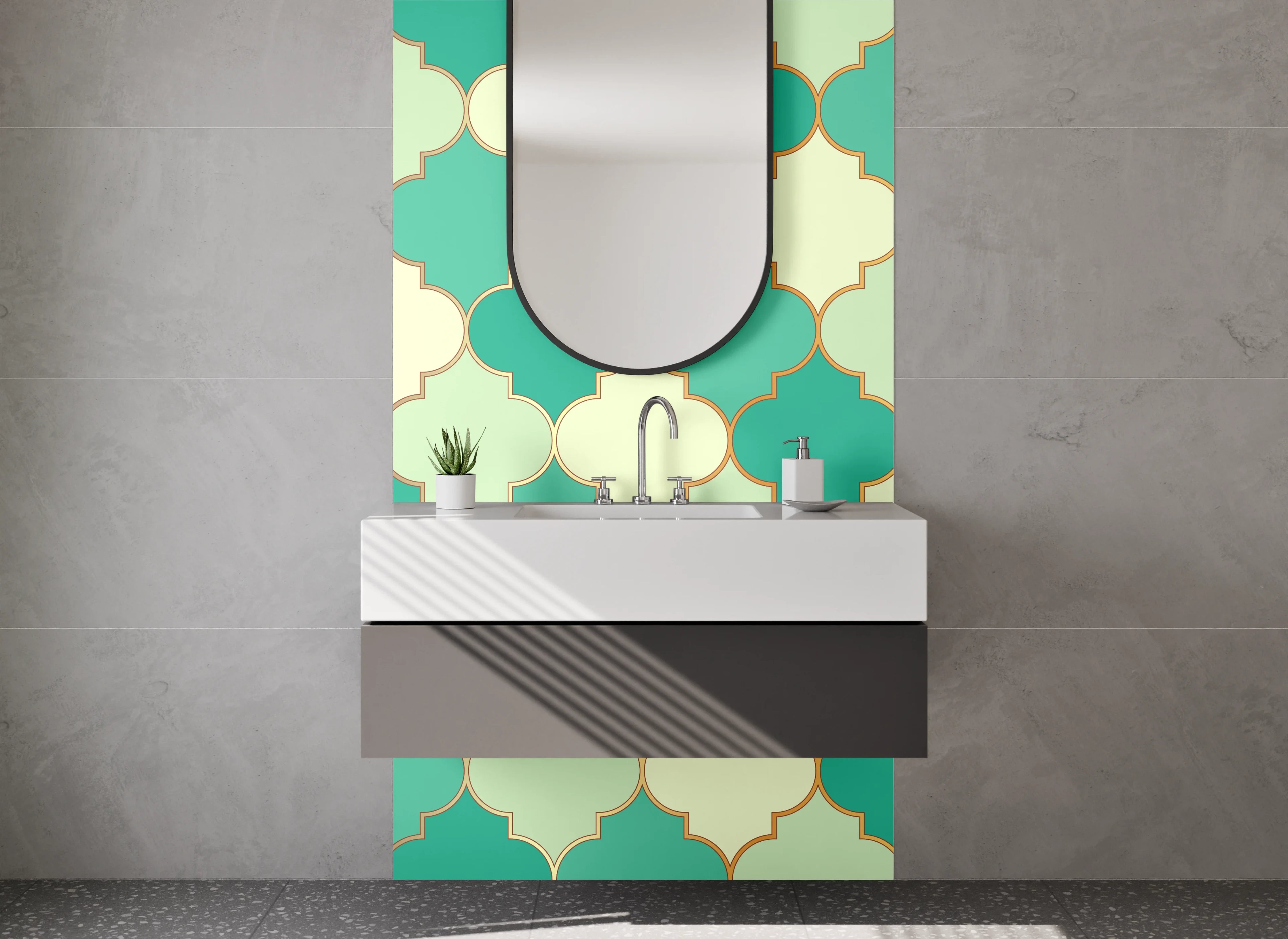 Waschbecken-Rückwand - Orientalisches Fliesenmuster Grün Beige
