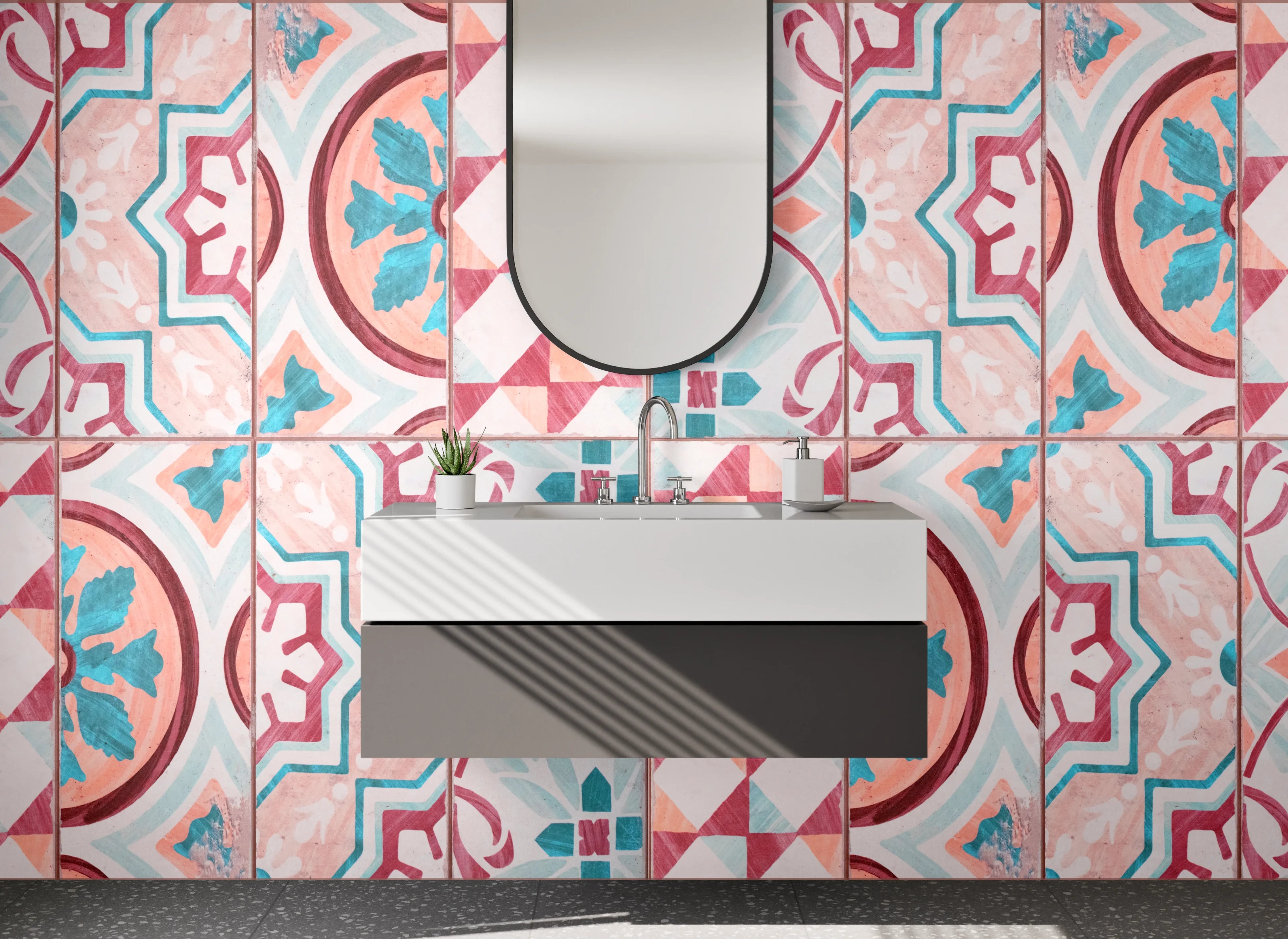Waschbecken-Rückwand - Orientalisches Fliesenmuster Retro Rosa Türkis