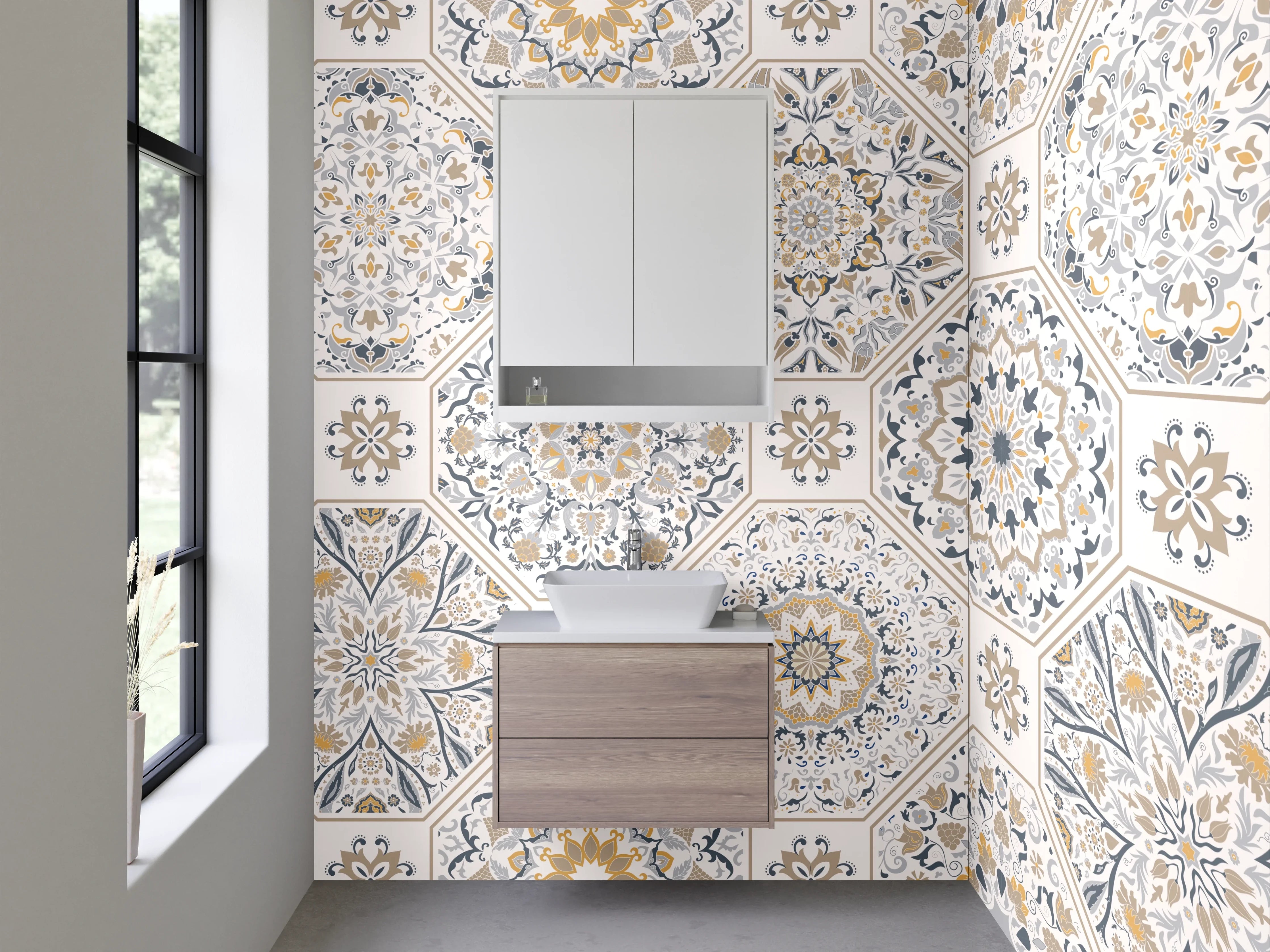 Waschbecken-Rückwand - Orientalisches Mandala Muster Fliesenoptik Weiß Grau