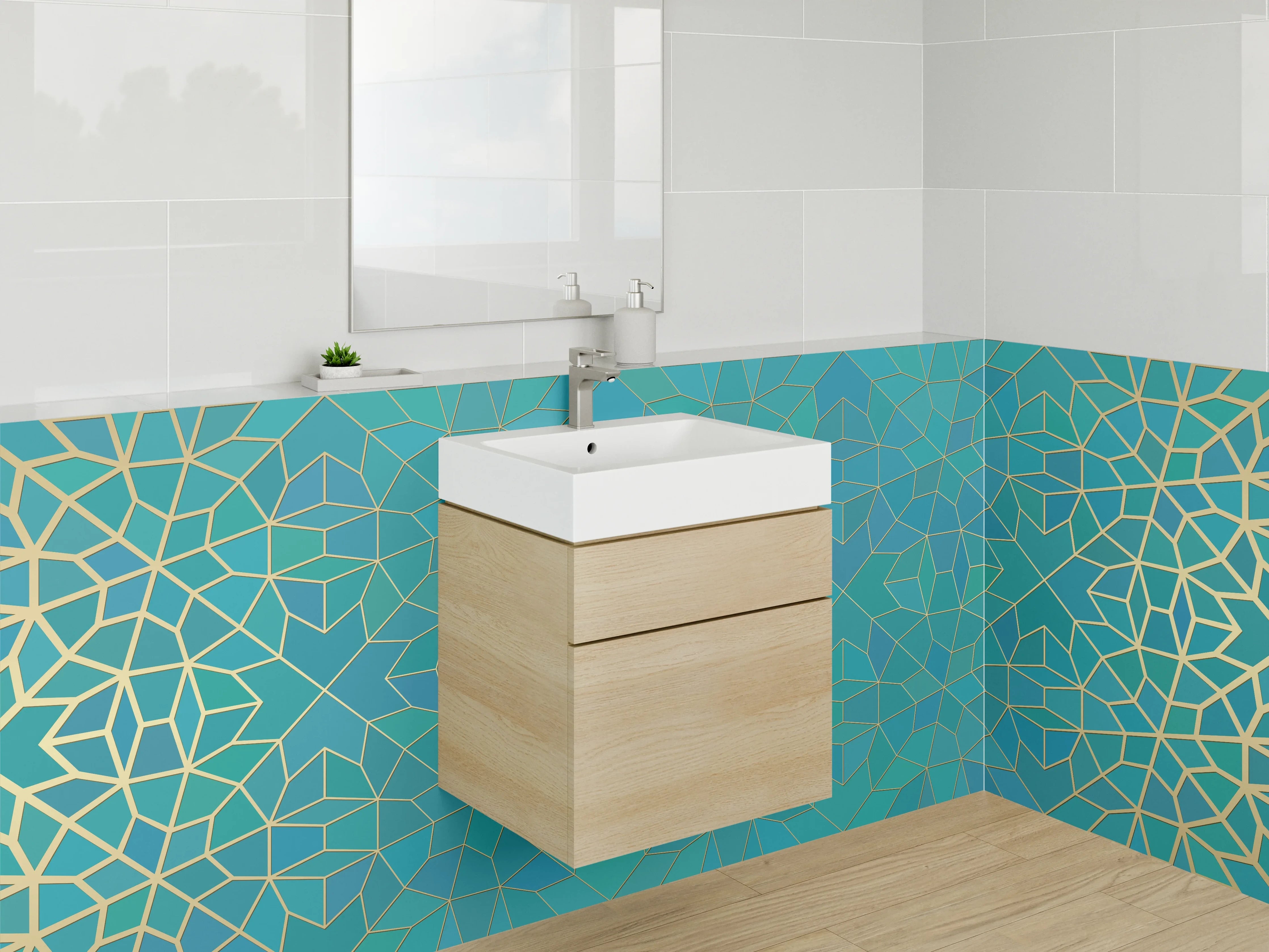 Waschbecken-Rückwand - Orientalisches Mosaik Gold Türkis Fliesenmuster