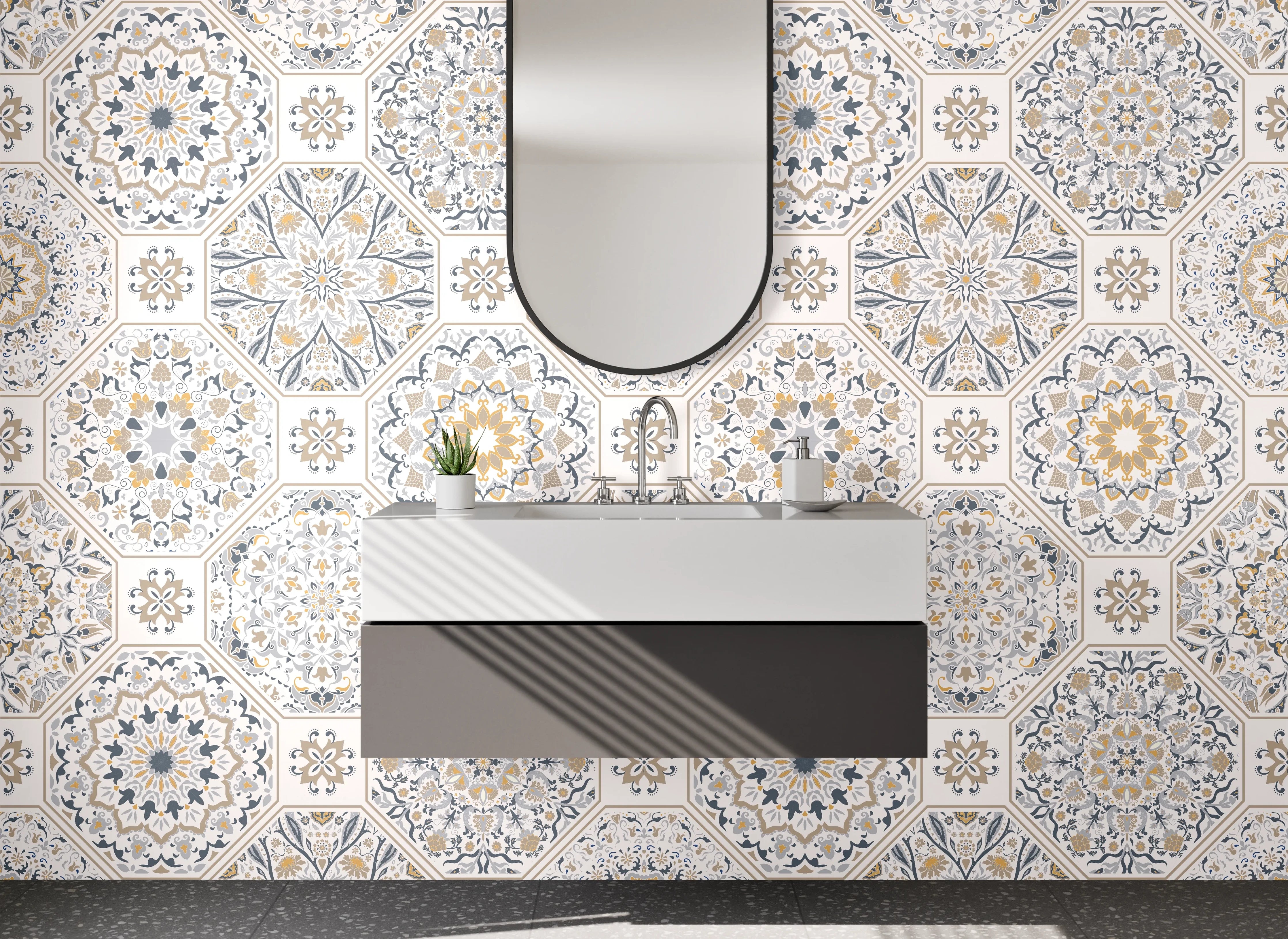 Waschbecken-Rückwand - Orientalisches Mosaik Muster Beige Grau