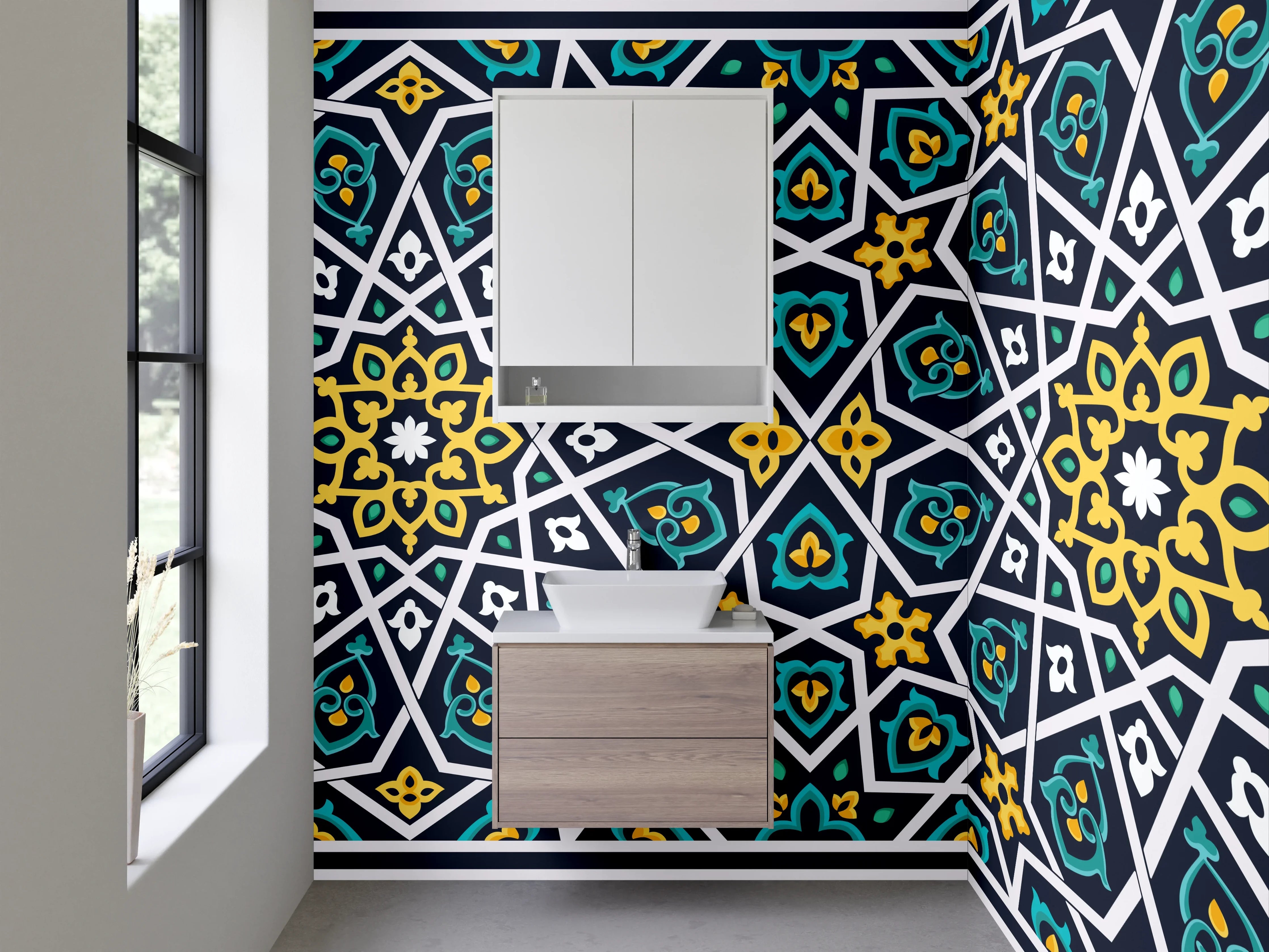 Waschbecken-Rückwand - Orientalisches Mosaik Muster Blau Gelb