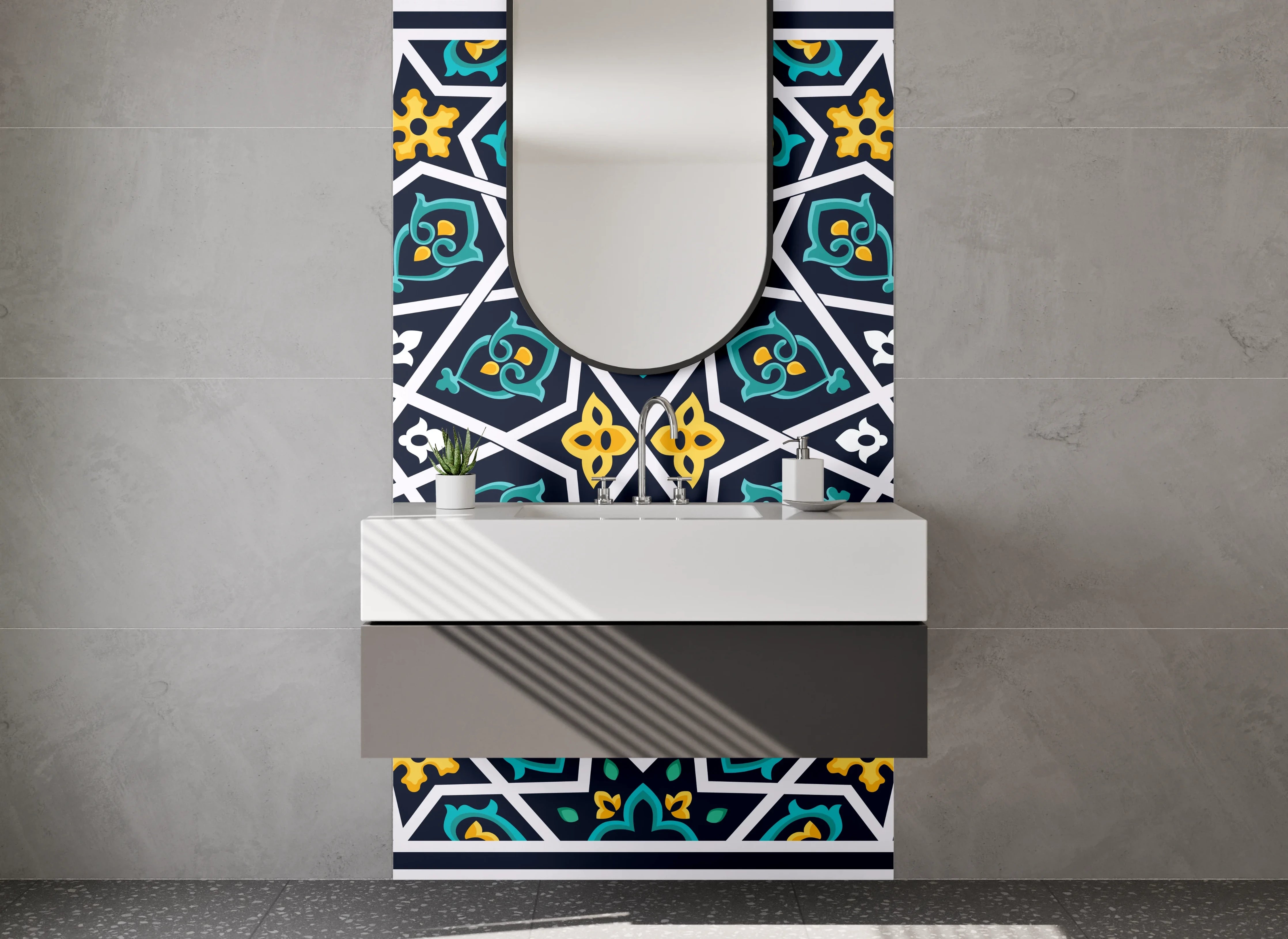 Waschbecken-Rückwand - Orientalisches Mosaik Muster Blau Gelb