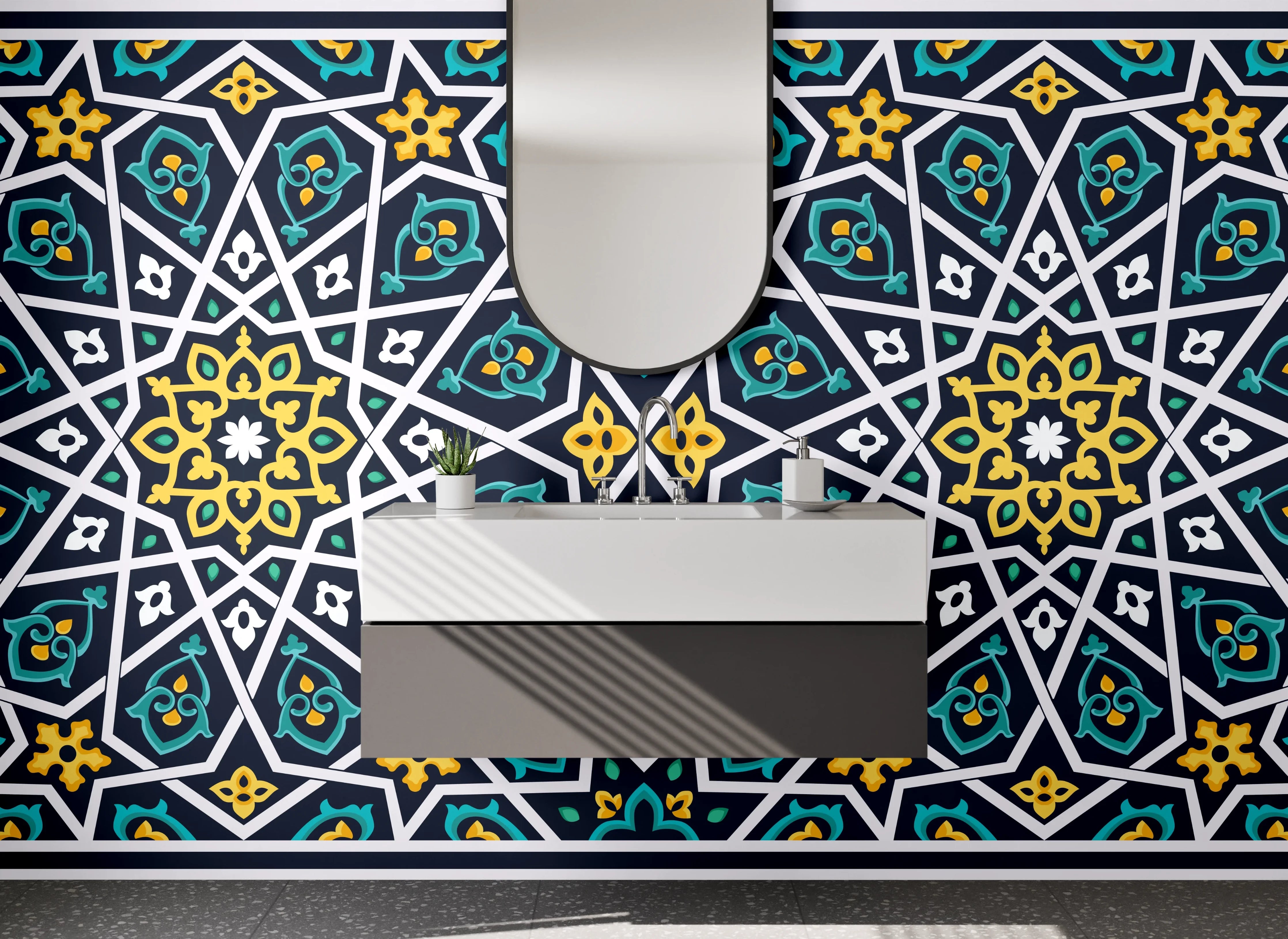 Waschbecken-Rückwand - Orientalisches Mosaik Muster Blau Gelb