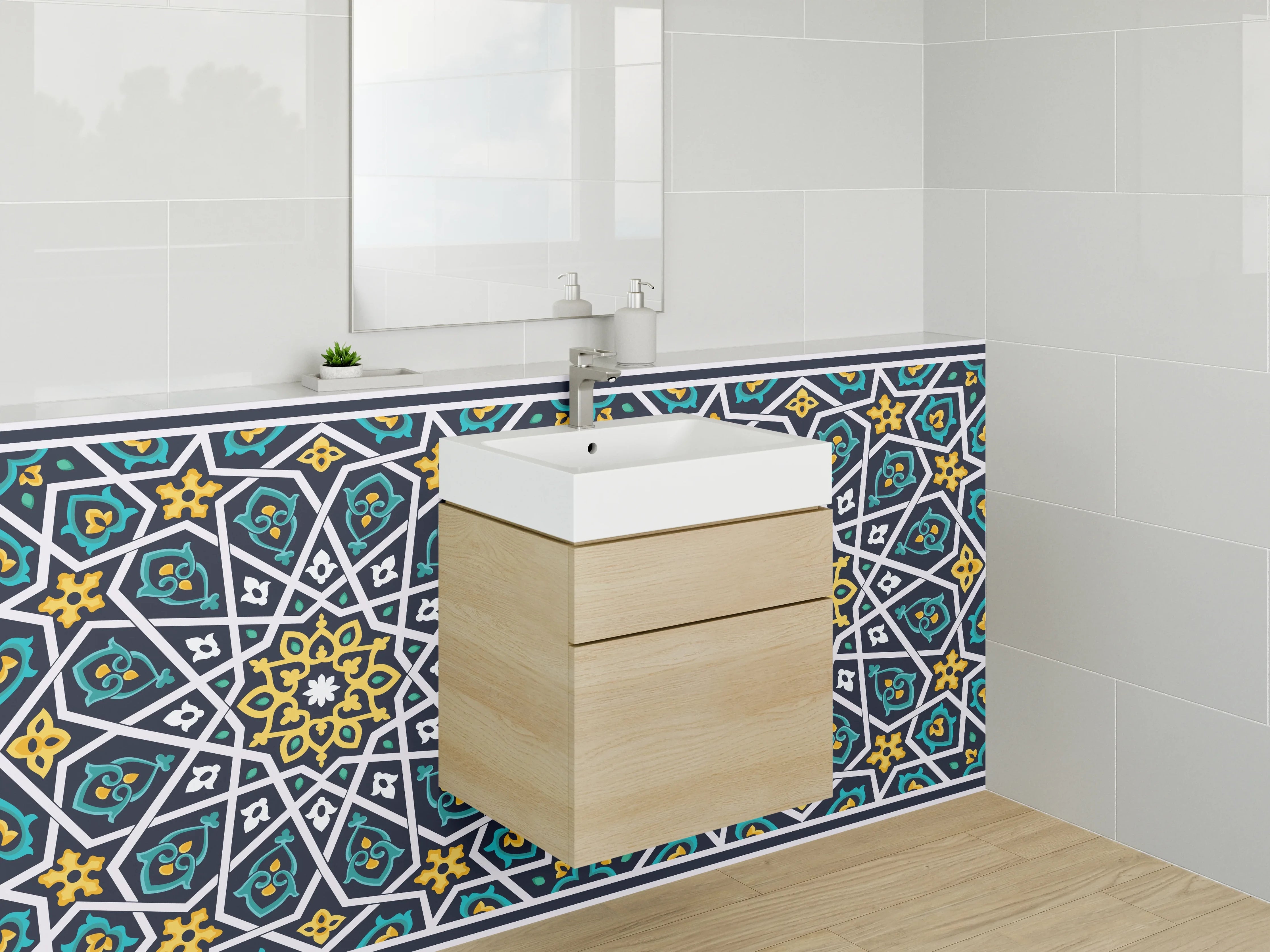 Waschbecken-Rückwand - Orientalisches Mosaik Muster Blau Gelb