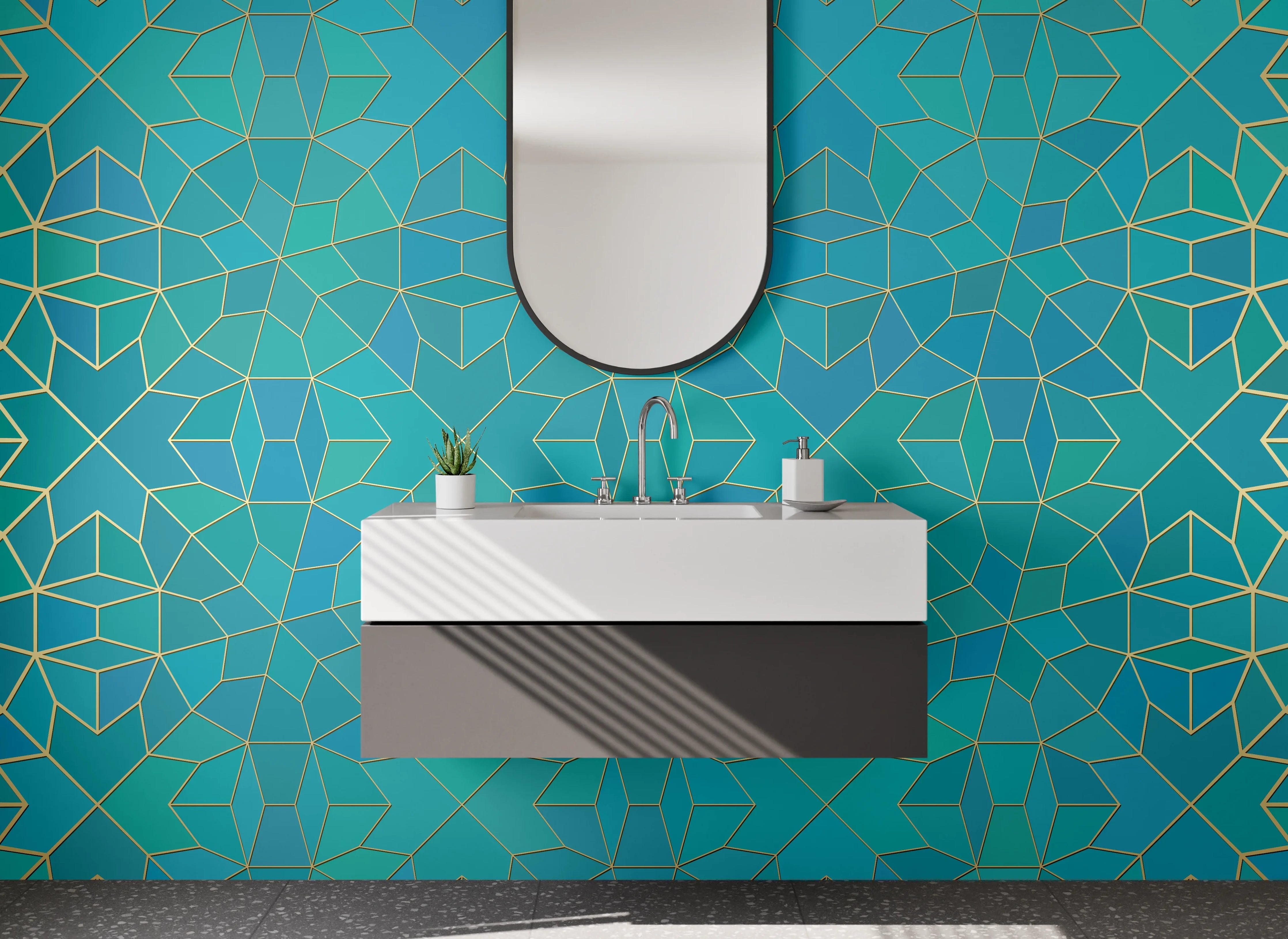 Waschbecken-Rückwand - Orientalisches Mosaik Muster Türkis Gold