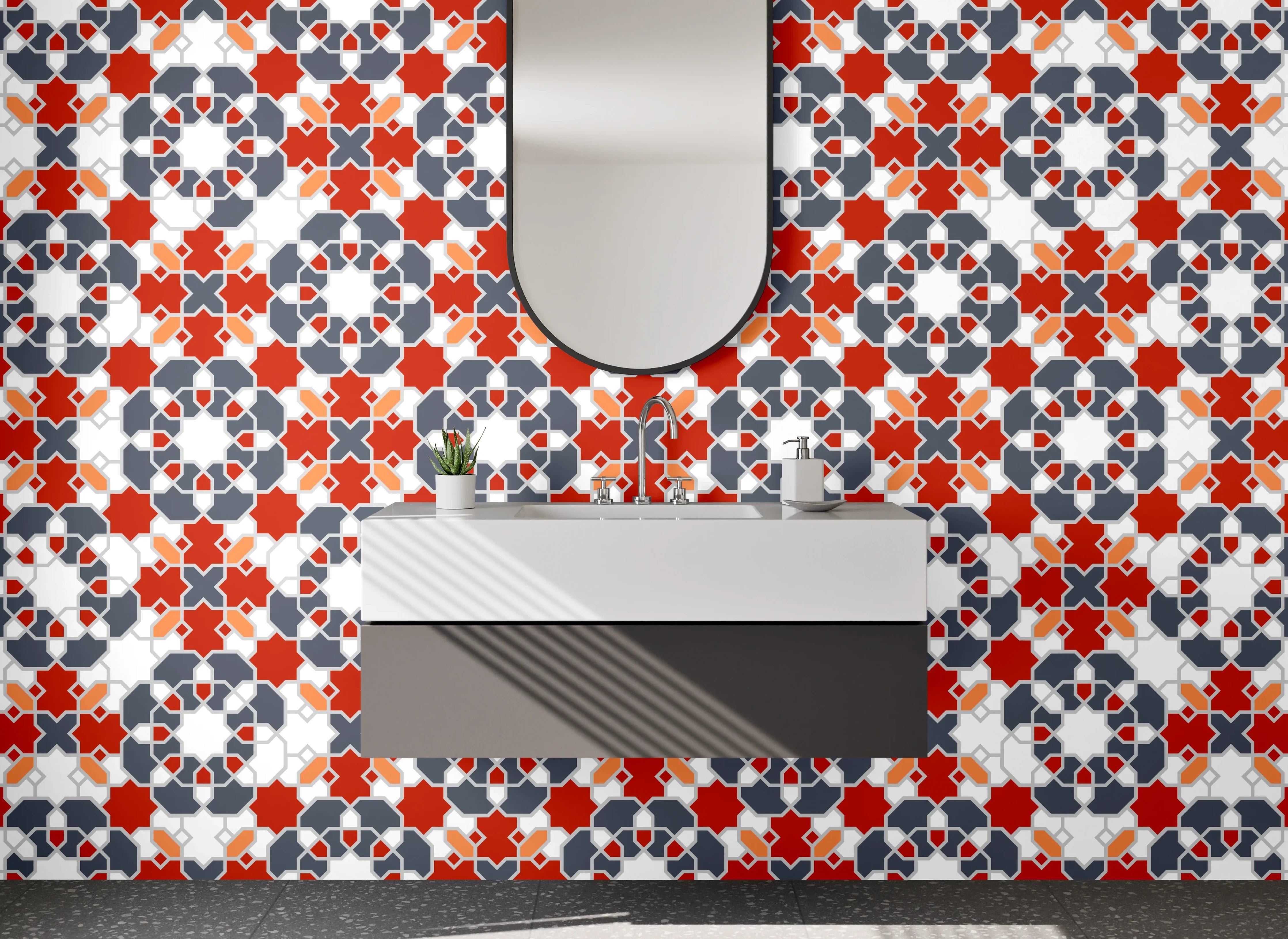 Waschbecken-Rückwand - Orientalisches Mosaik Rot Weiß Grau