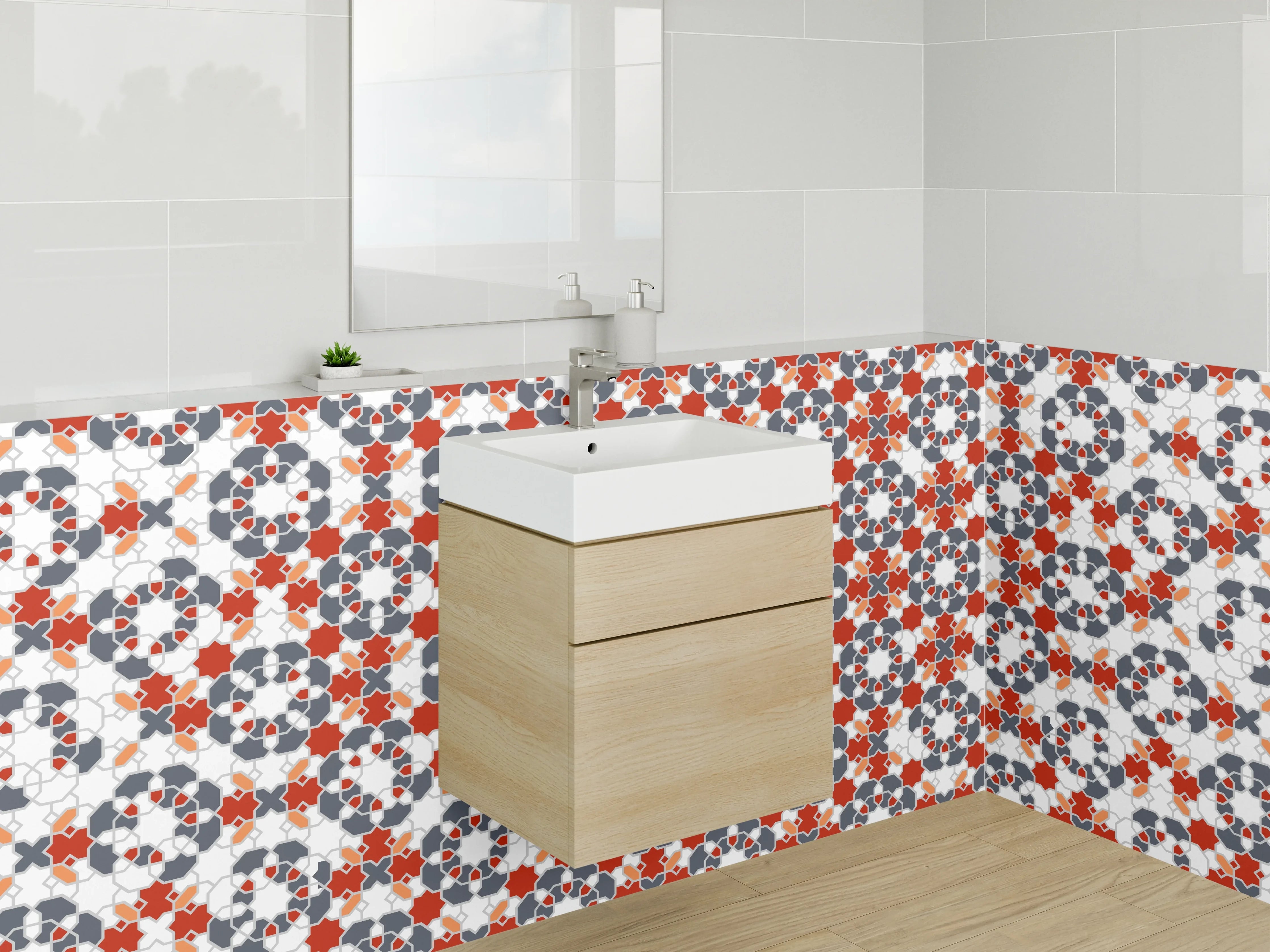 Waschbecken-Rückwand - Orientalisches Mosaik Rot Weiß Grau