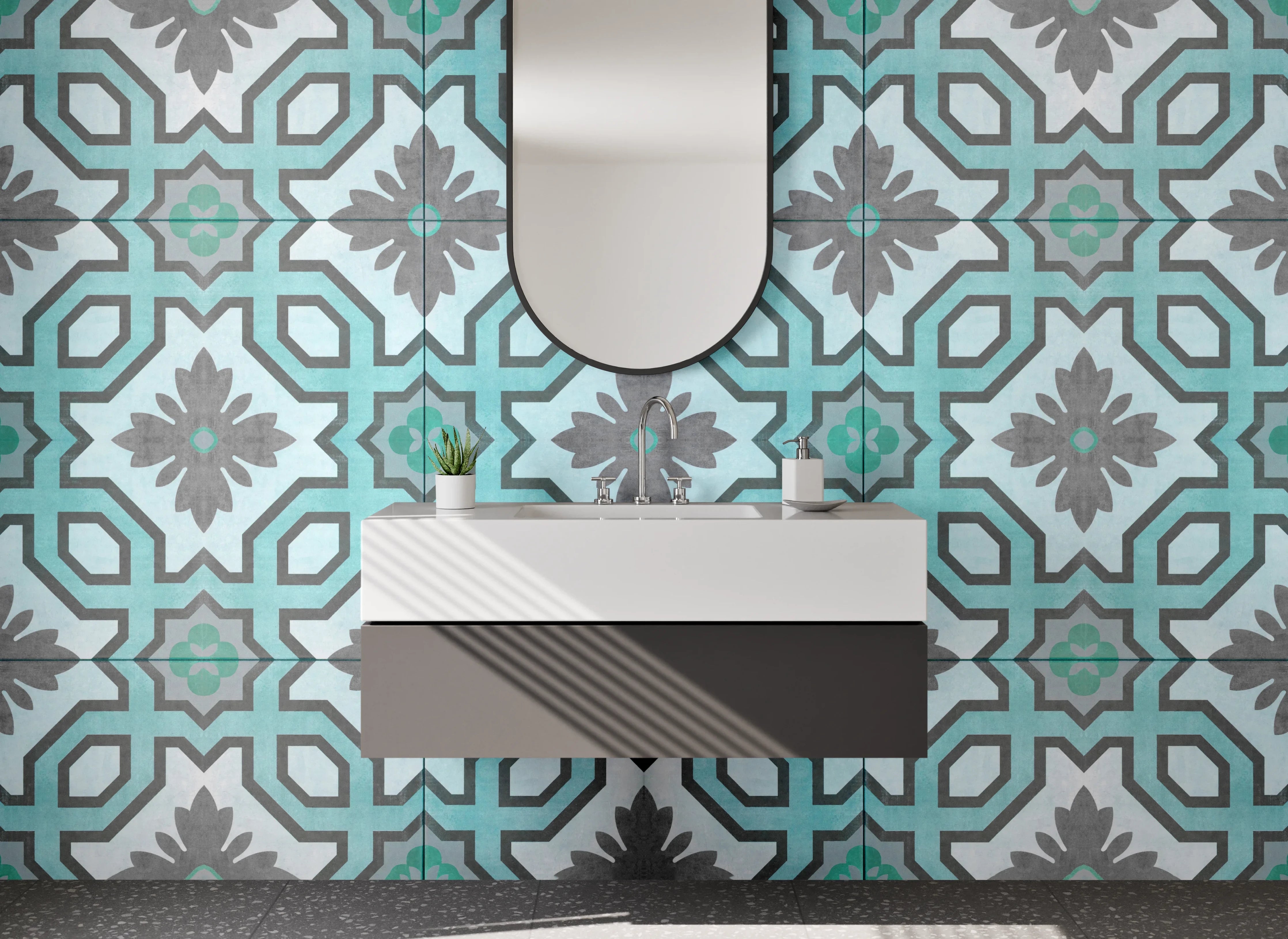 Waschbecken-Rückwand - Orientalisches Mosaikmuster in Türkis Grau