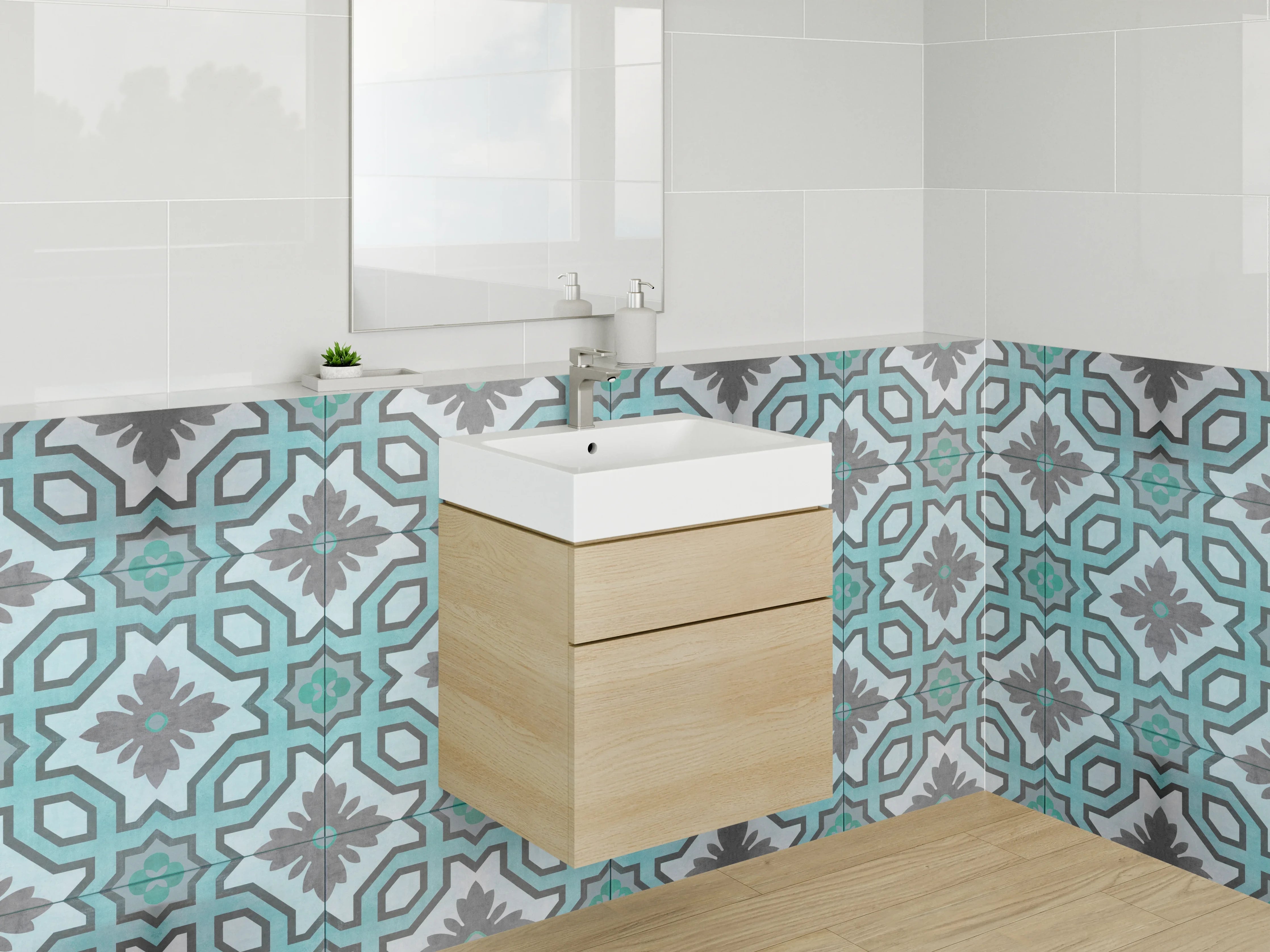Waschbecken-Rückwand - Orientalisches Mosaikmuster in Türkis Grau