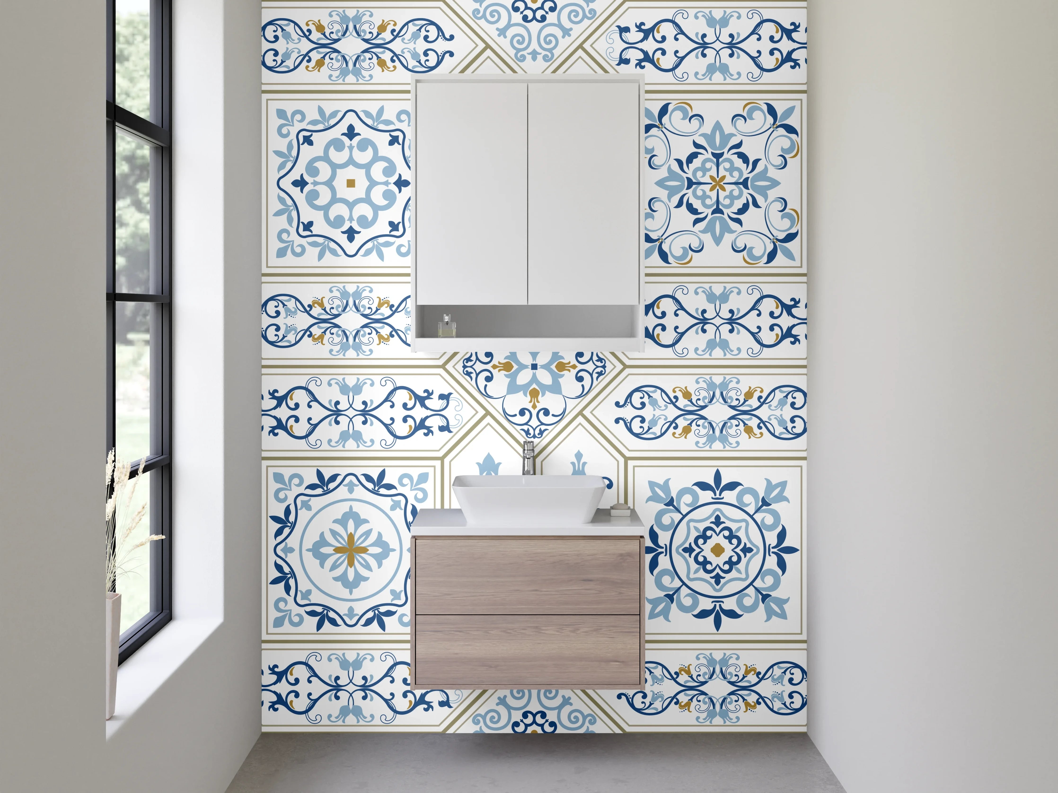 Waschbecken-Rückwand - Orientalisches Muster Fliesen Blau Beige