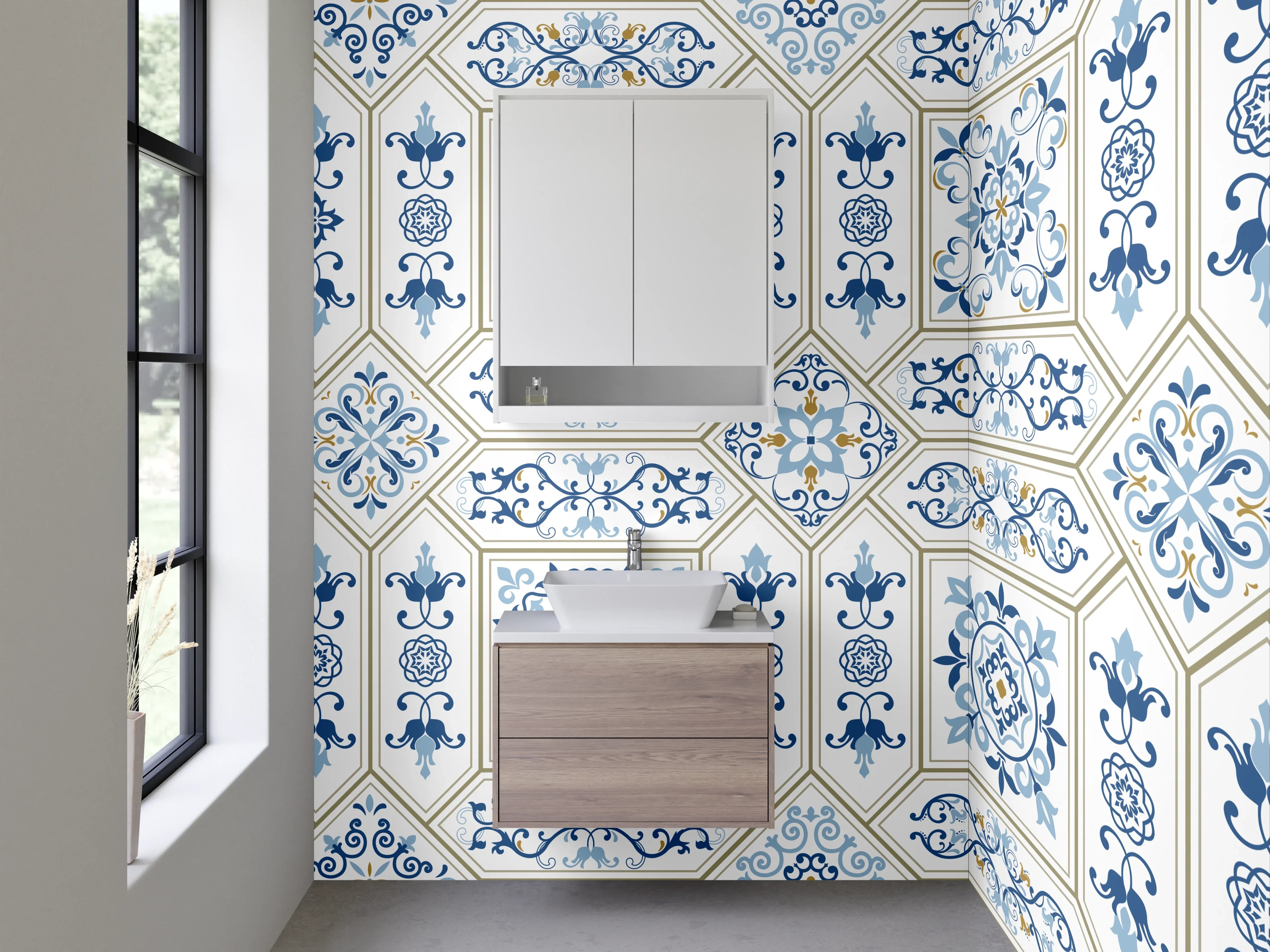 Waschbecken-Rückwand - Orientalisches Muster Fliesen Blau Beige