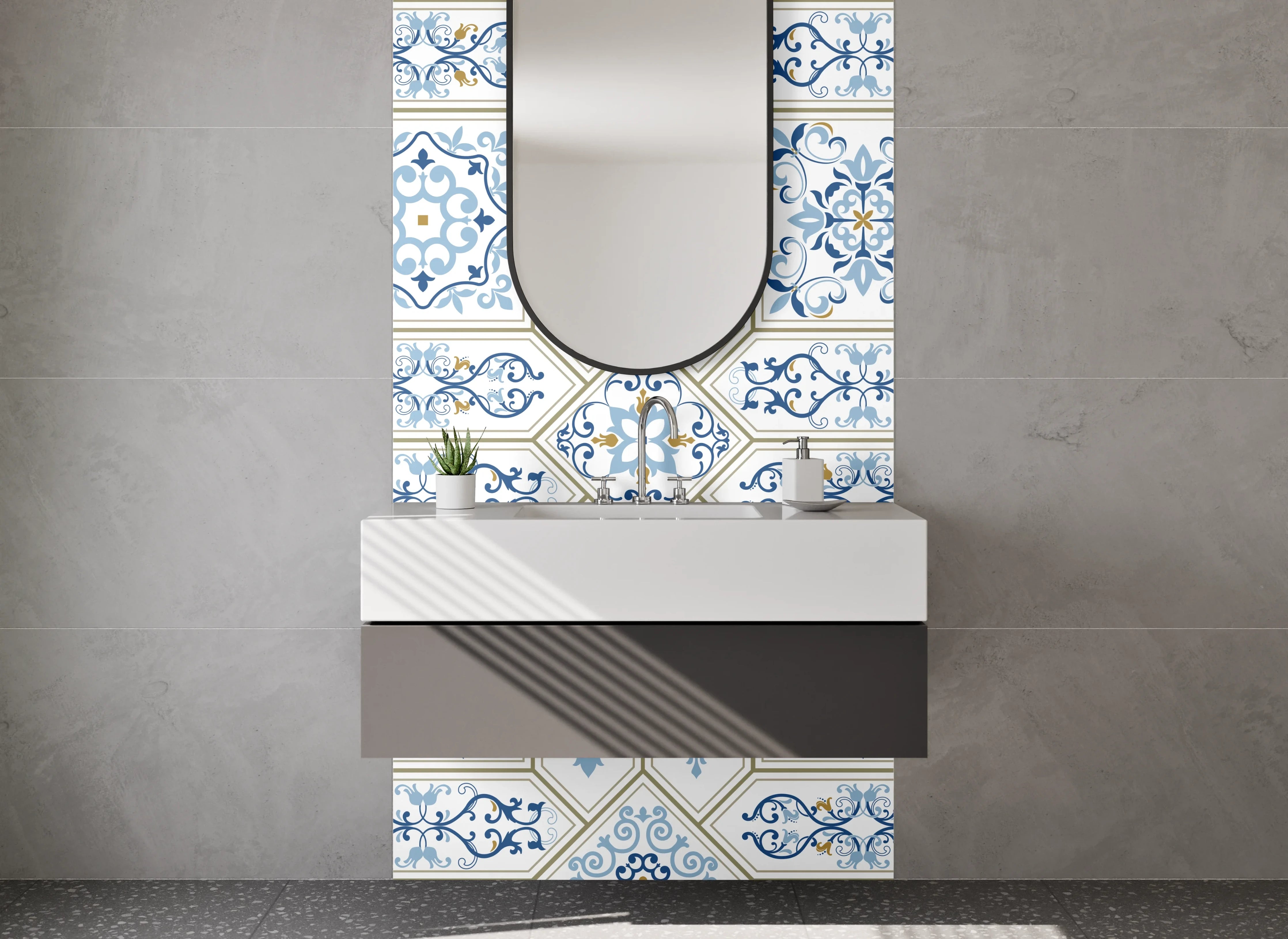 Waschbecken-Rückwand - Orientalisches Muster Fliesen Blau Beige