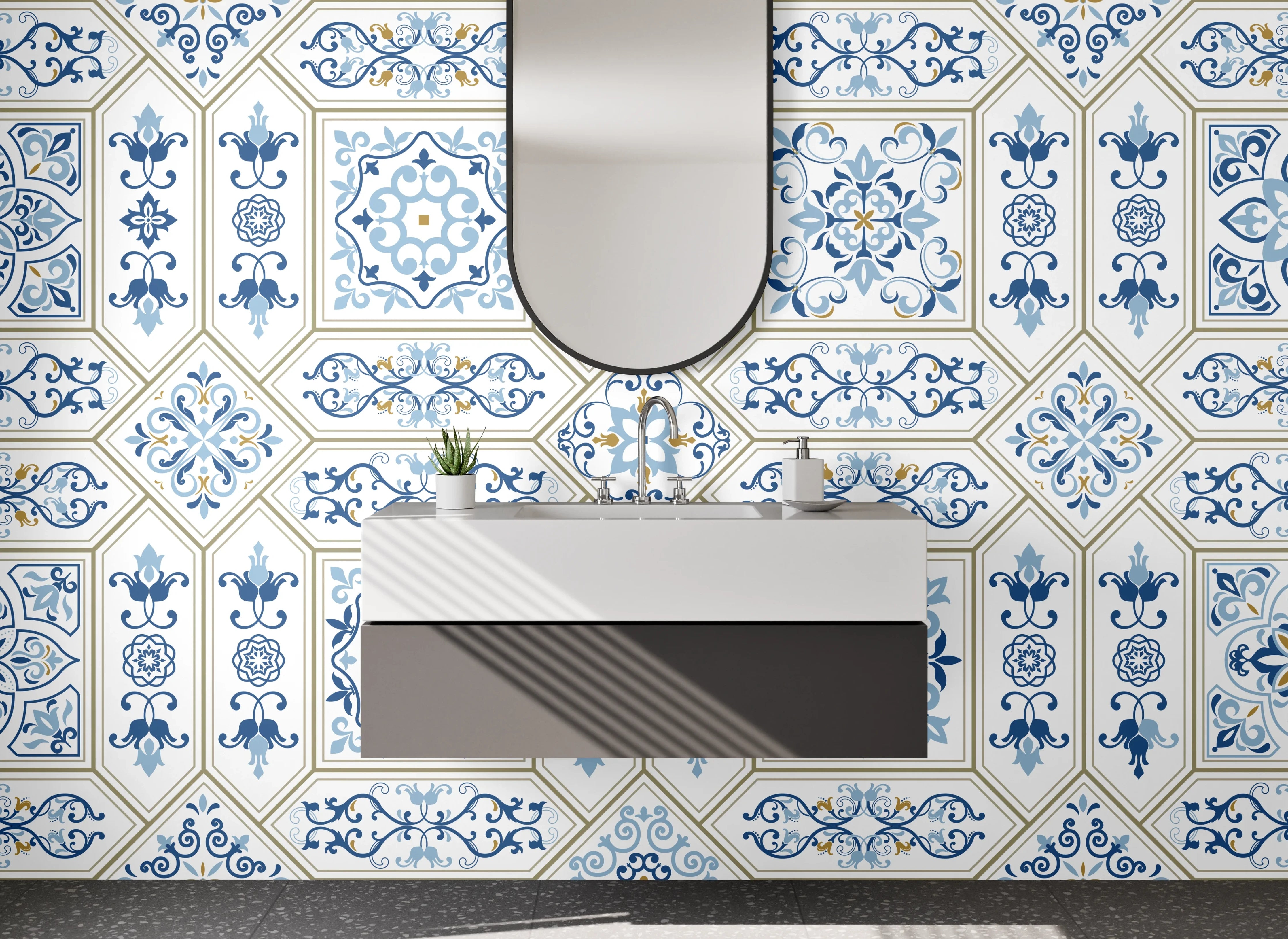 Waschbecken-Rückwand - Orientalisches Muster Fliesen Blau Beige