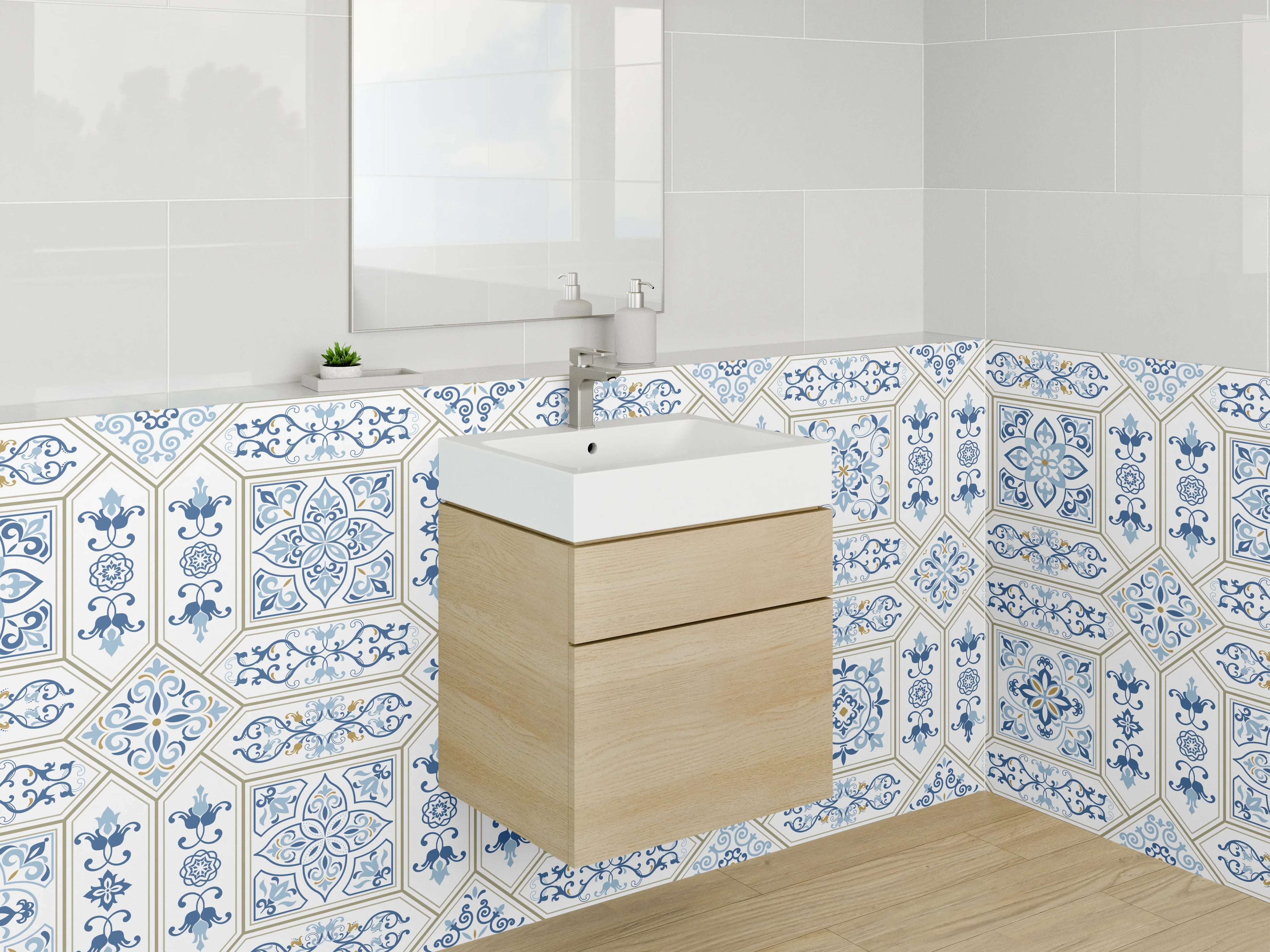 Waschbecken-Rückwand - Orientalisches Muster Fliesen Blau Beige