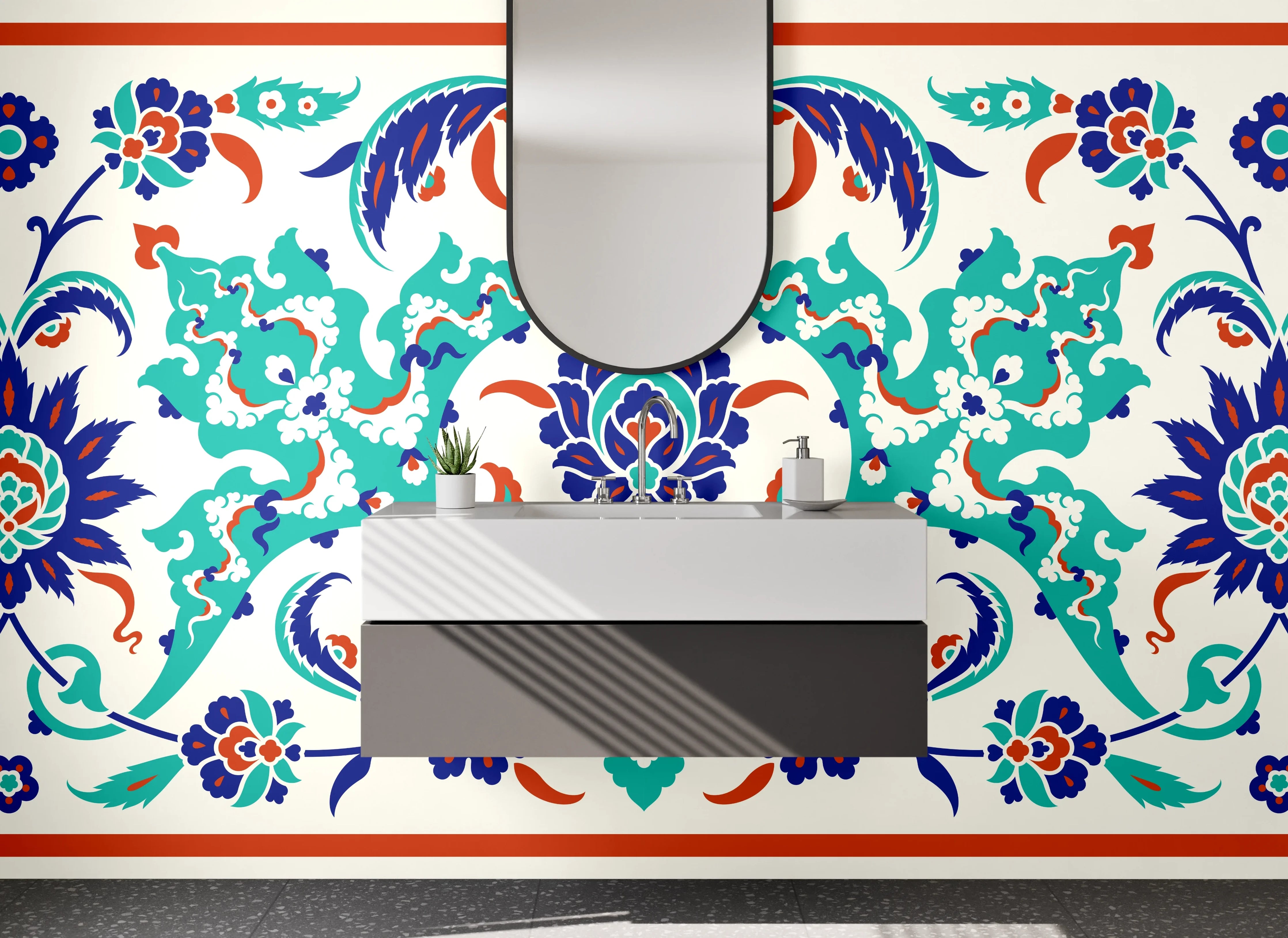 Waschbecken-Rückwand - Orientalisches Muster Fliesenbordüre Blau-Türkis