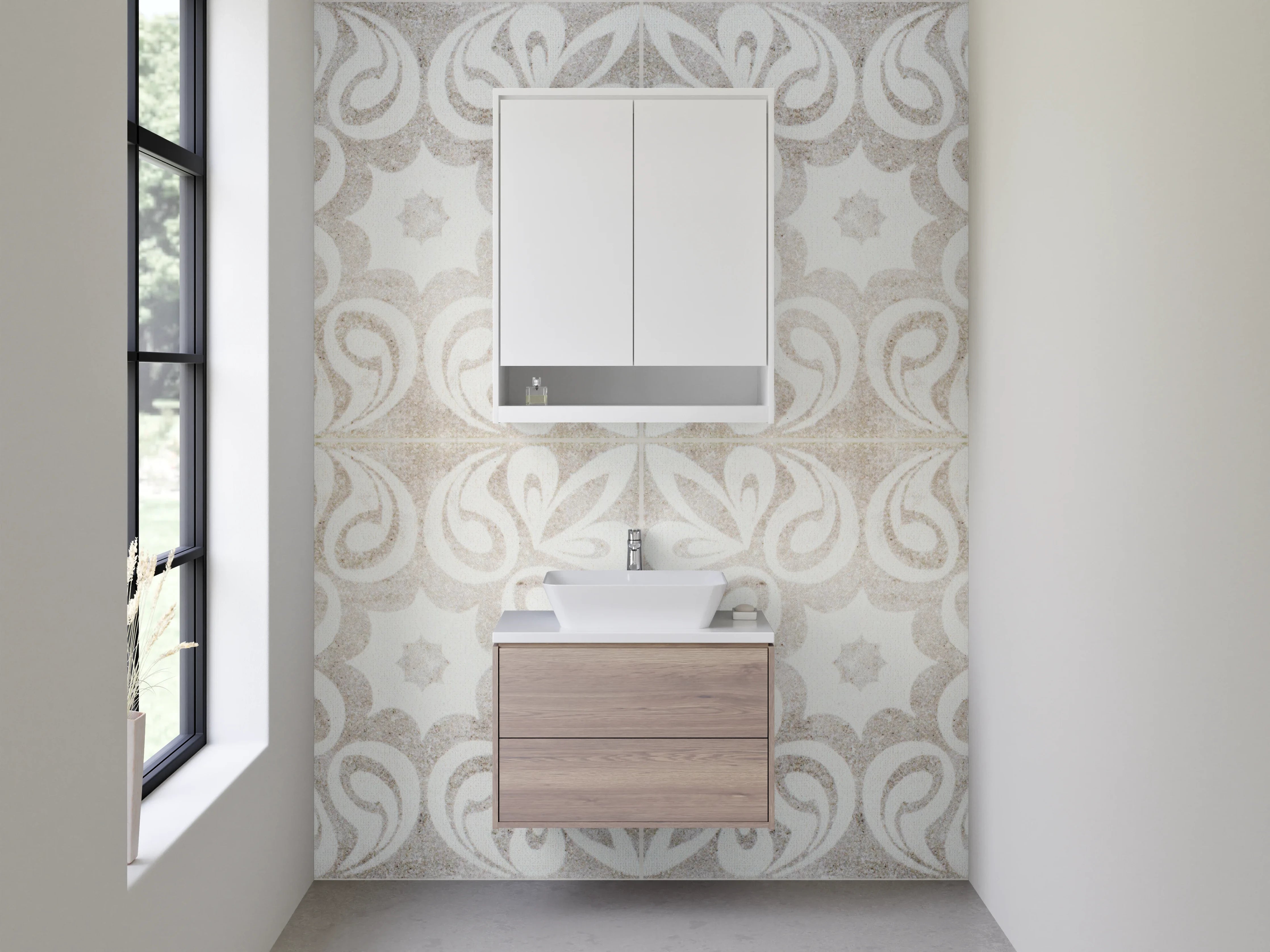 Waschbecken-Rückwand - Orientalisches Paisley-Muster Weiß Grau