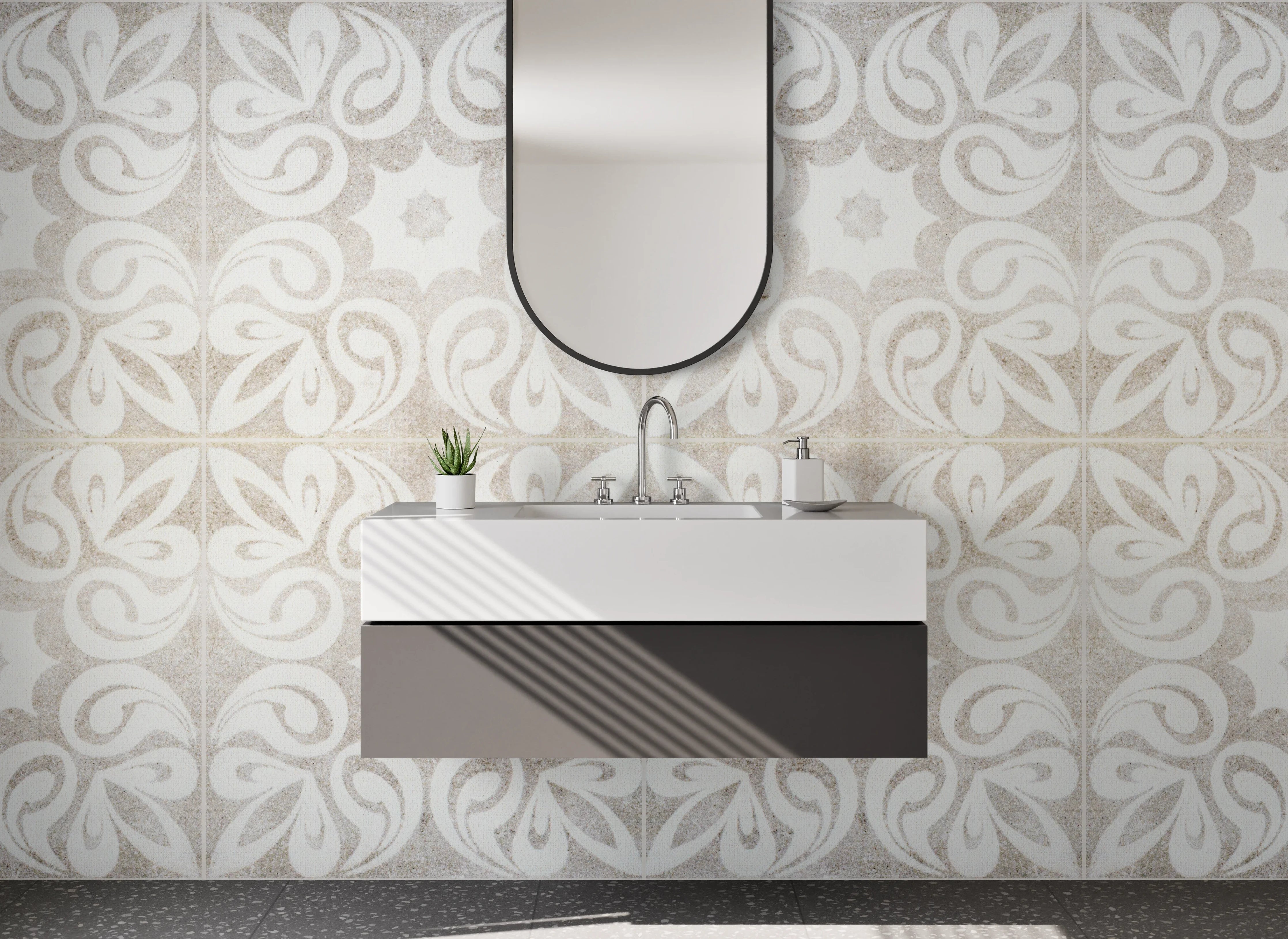 Waschbecken-Rückwand - Orientalisches Paisley-Muster Weiß Grau