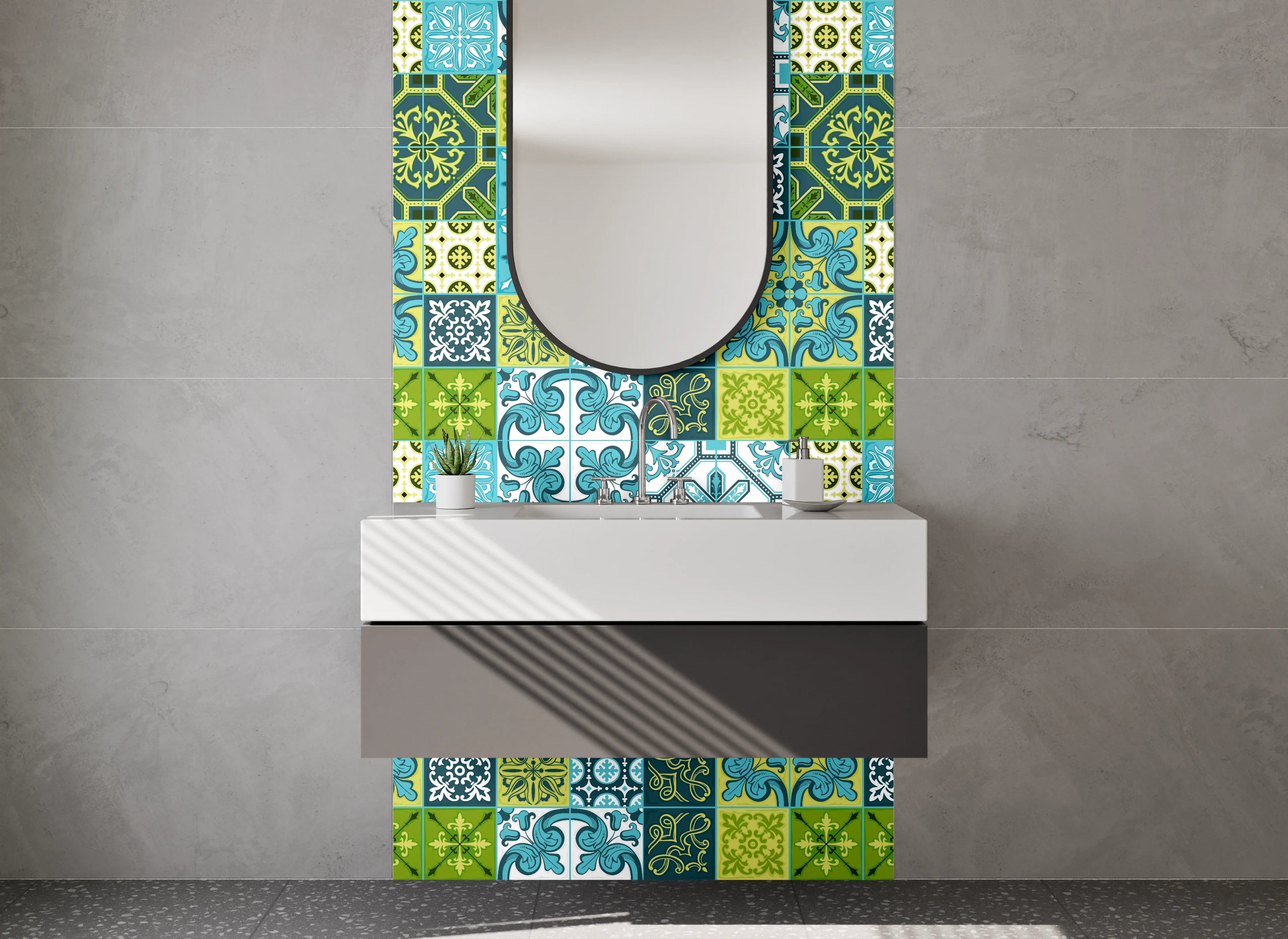 Waschbecken-Rückwand - Orientalisches Patchwork Fliesenmuster Blau Grün