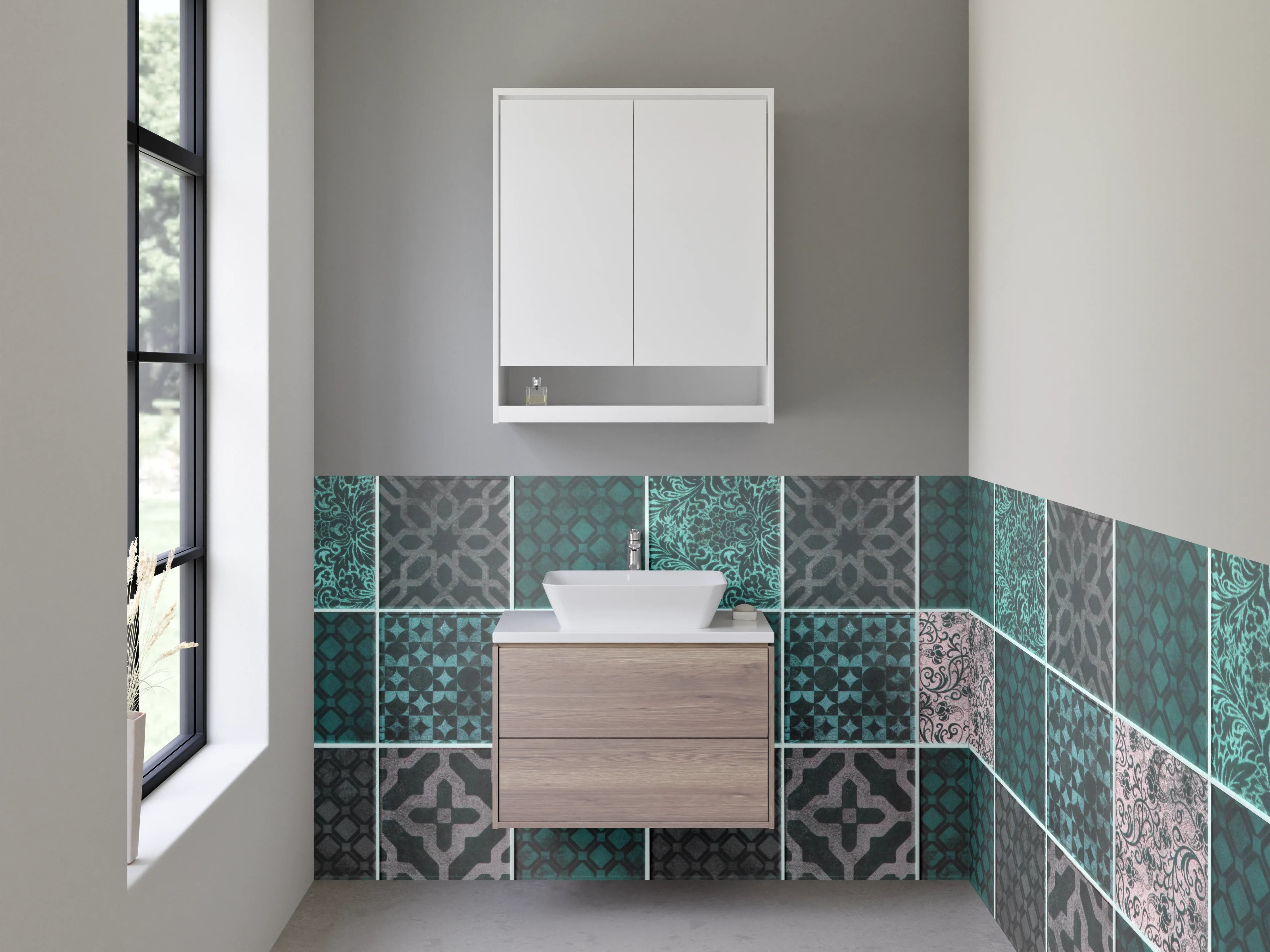 Waschbecken-Rückwand - Orientalisches Patchwork Fliesenmuster Türkis Grau