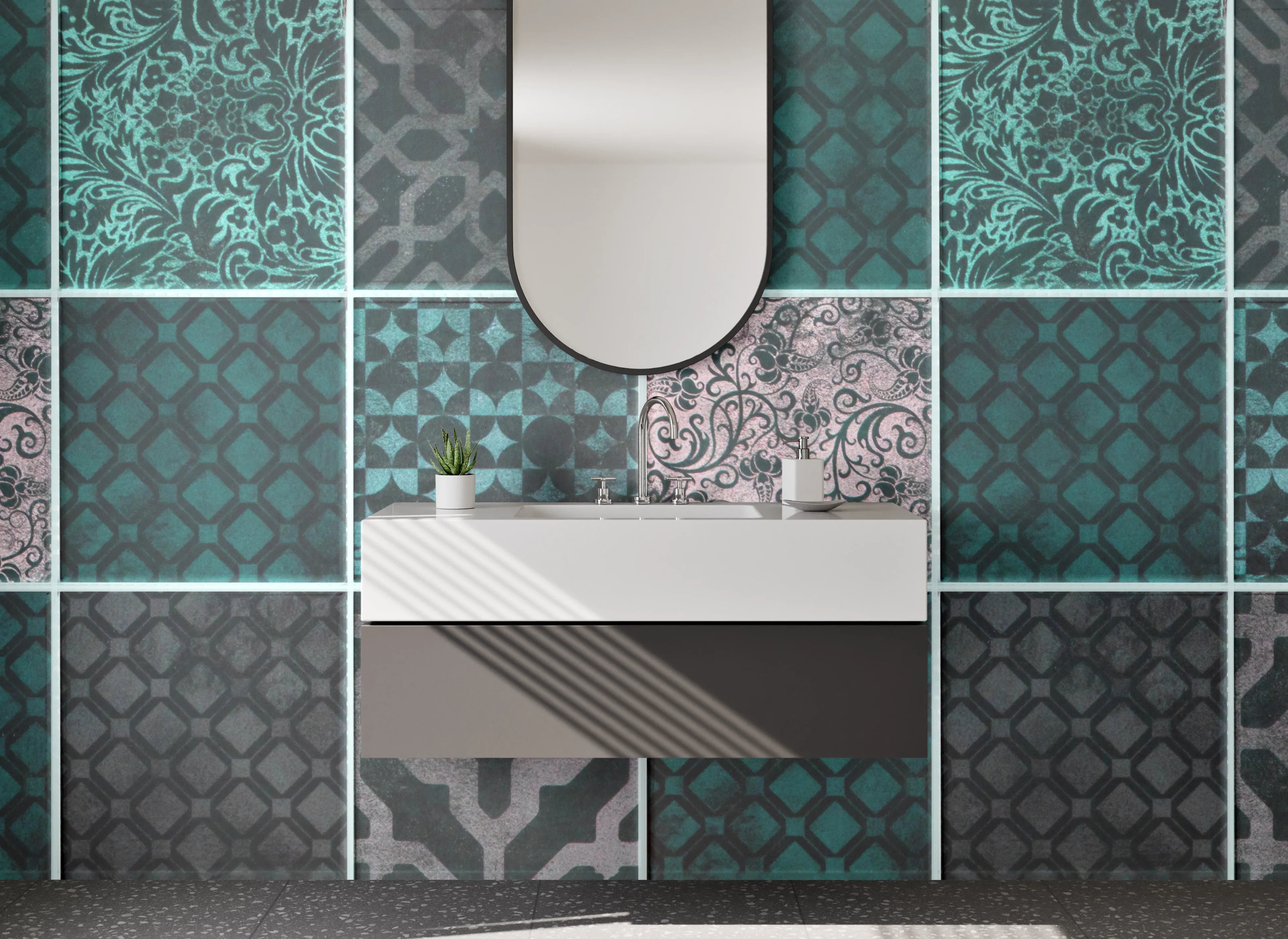 Waschbecken-Rückwand - Orientalisches Patchwork Fliesenmuster Türkis Grau