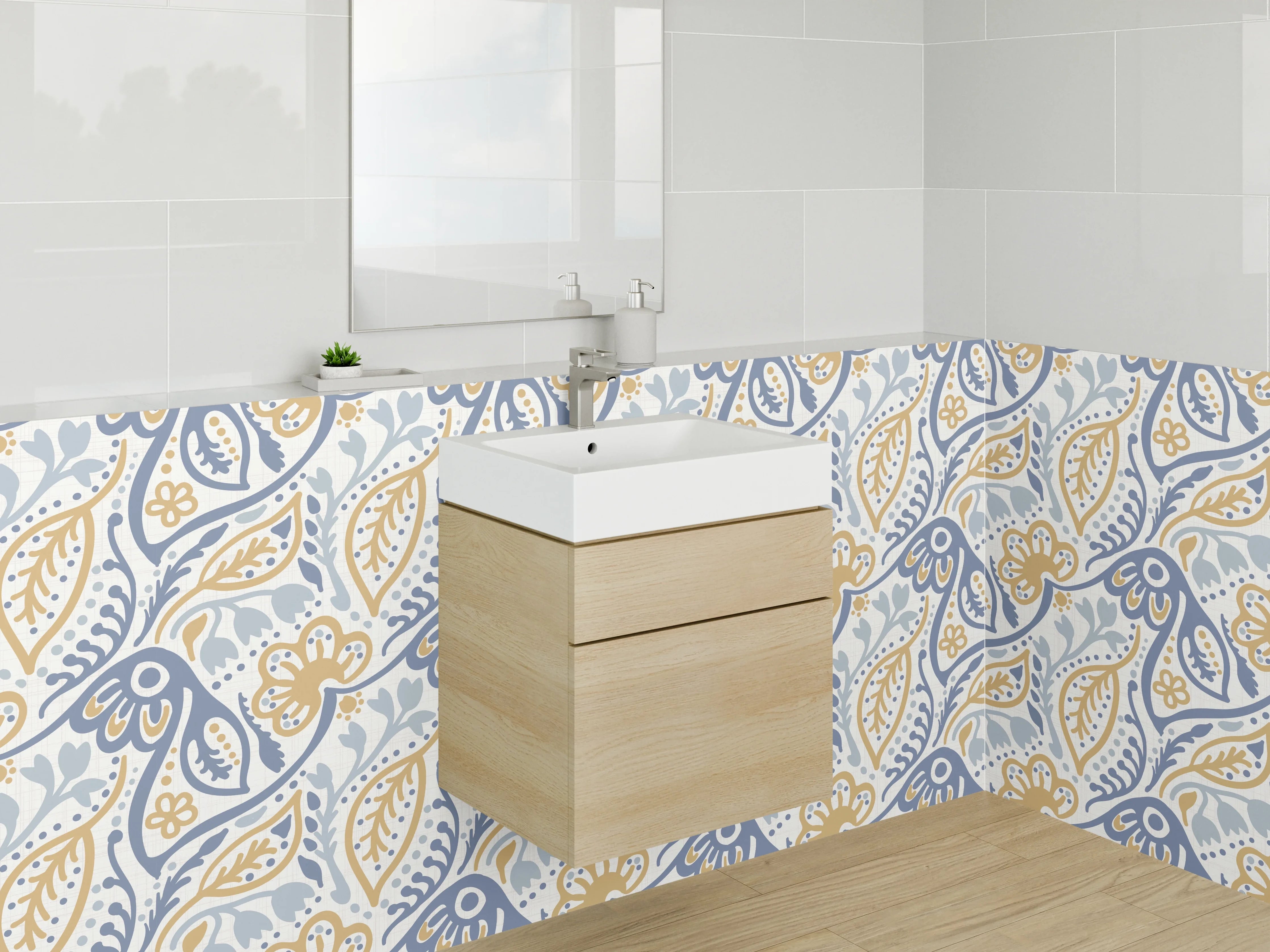 Waschbecken-Rückwand - Orientalisches Pflanzenmuster Blau Gold