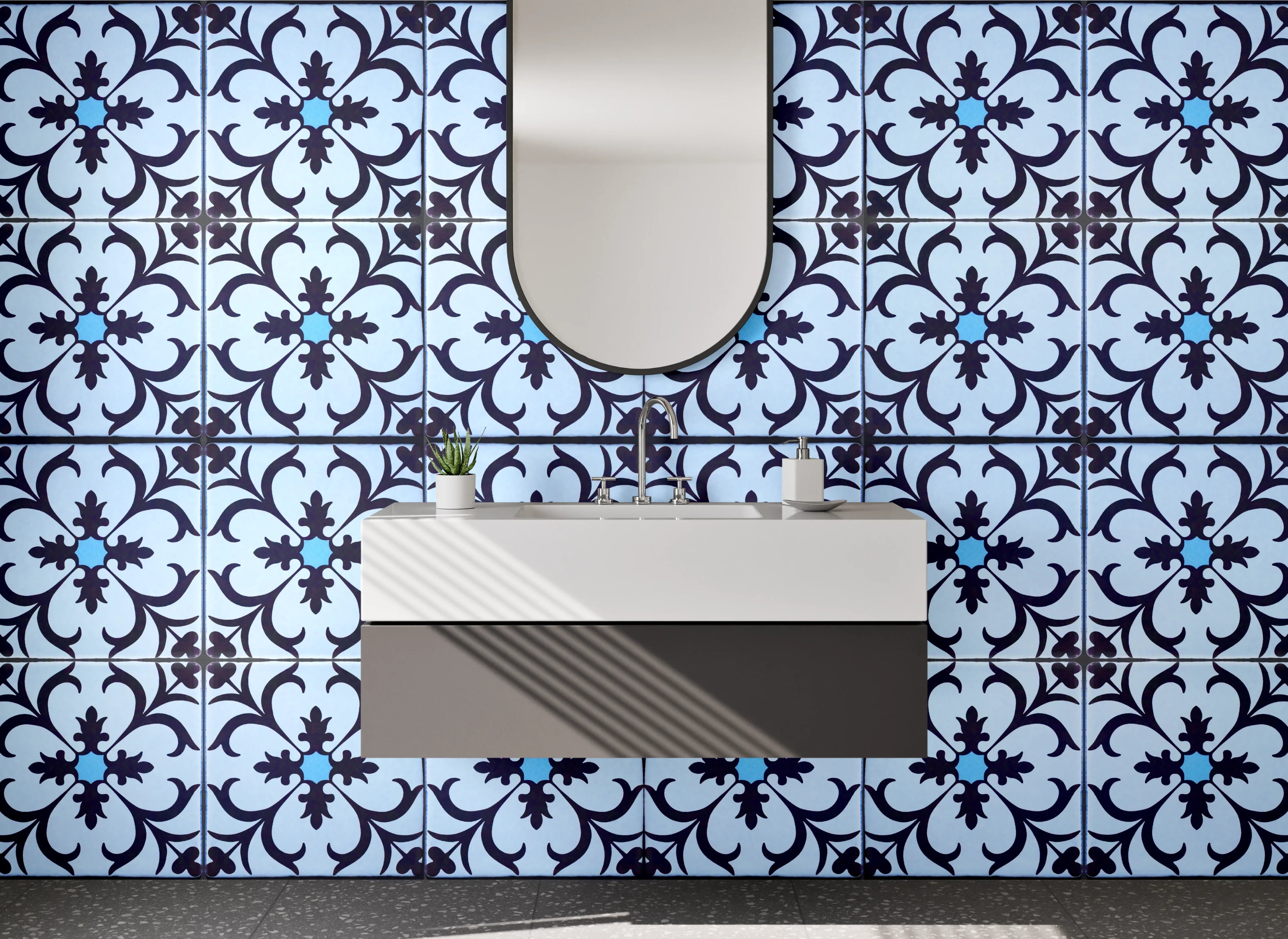 Waschbecken-Rückwand - Ornament Blau-Graues Retro Musterfliesen Design