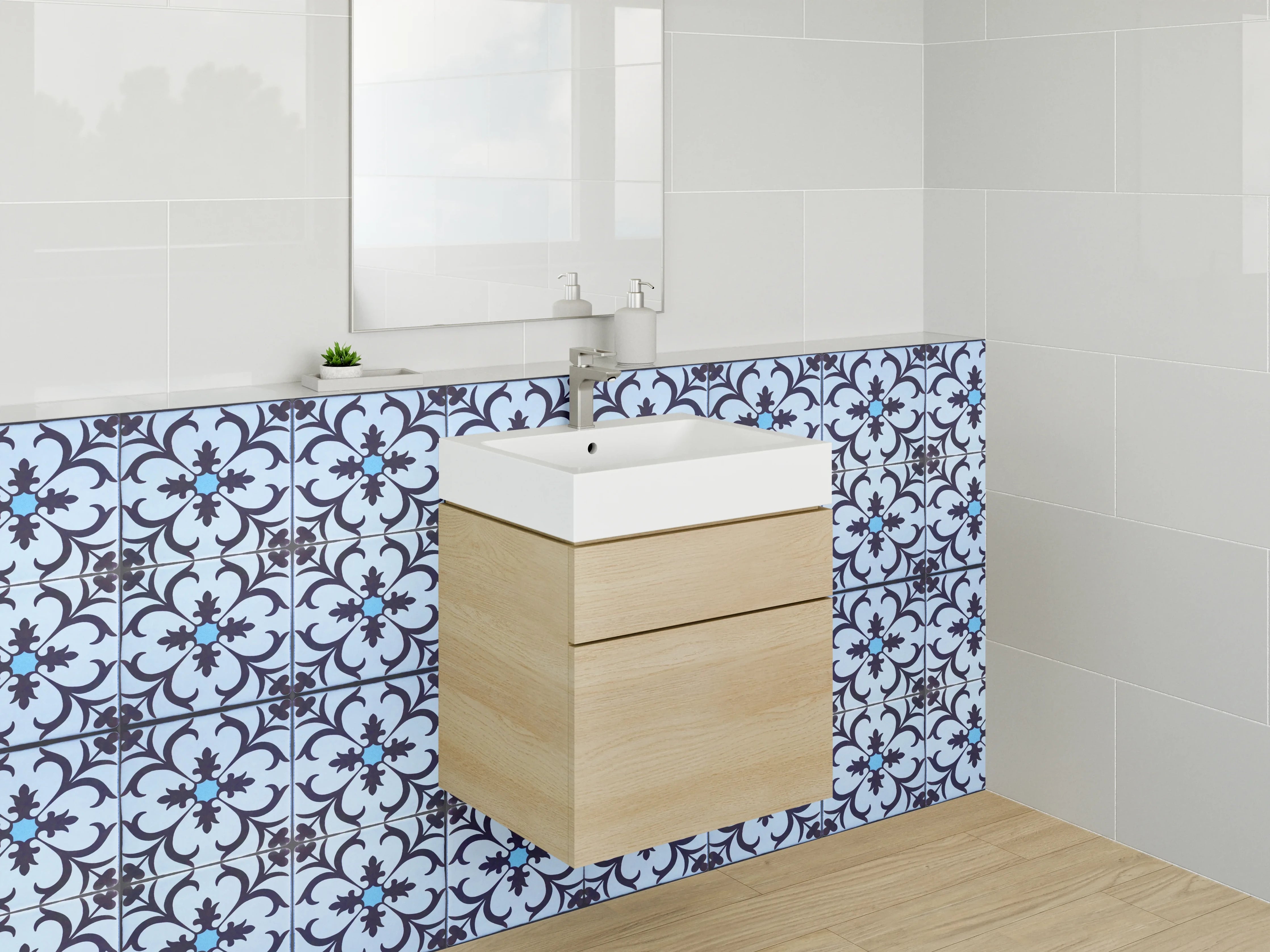 Waschbecken-Rückwand - Ornament Blau-Graues Retro Musterfliesen Design