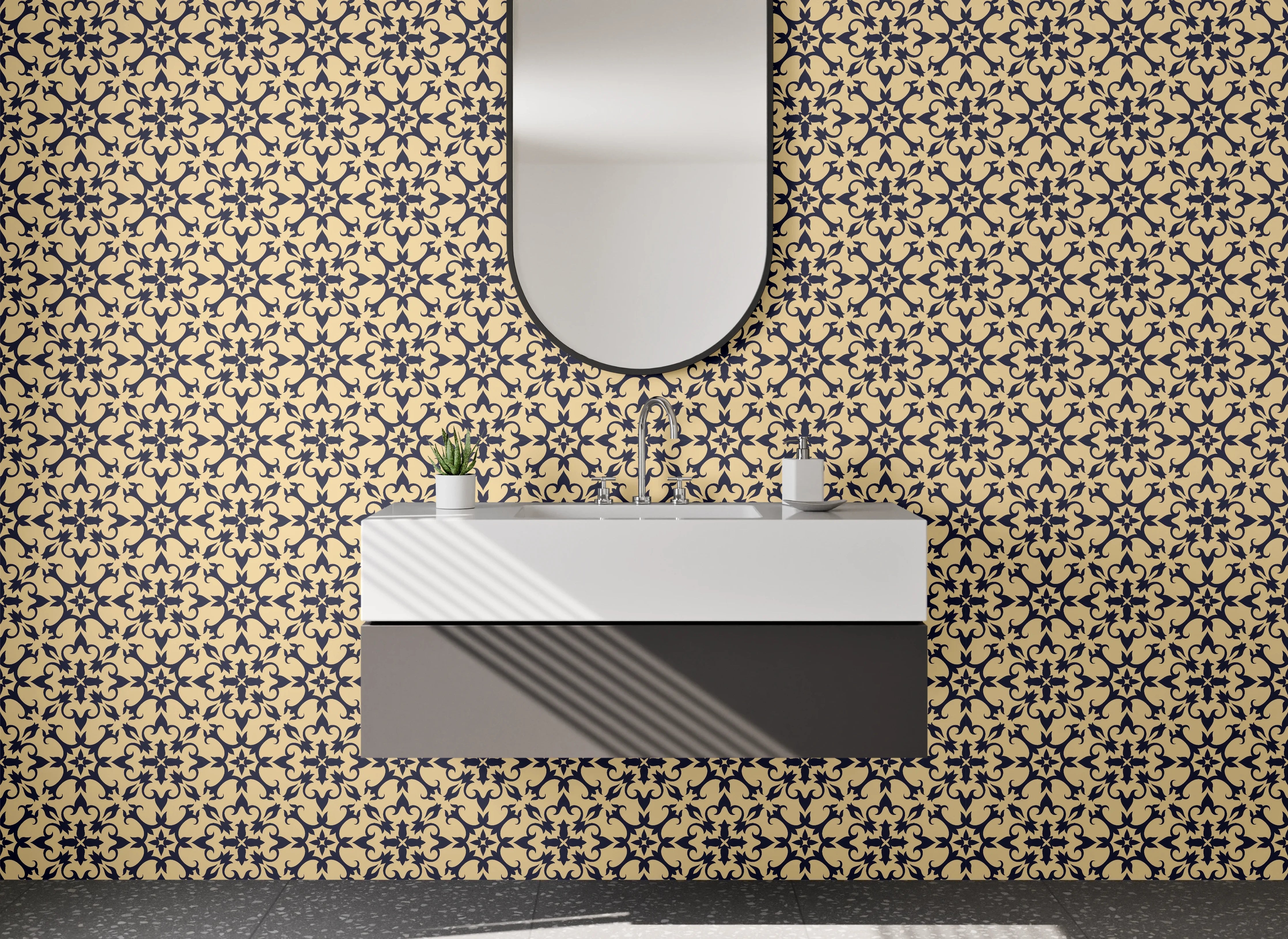 Waschbecken-Rückwand - Ornament Muster Beige Dunkelbraun
