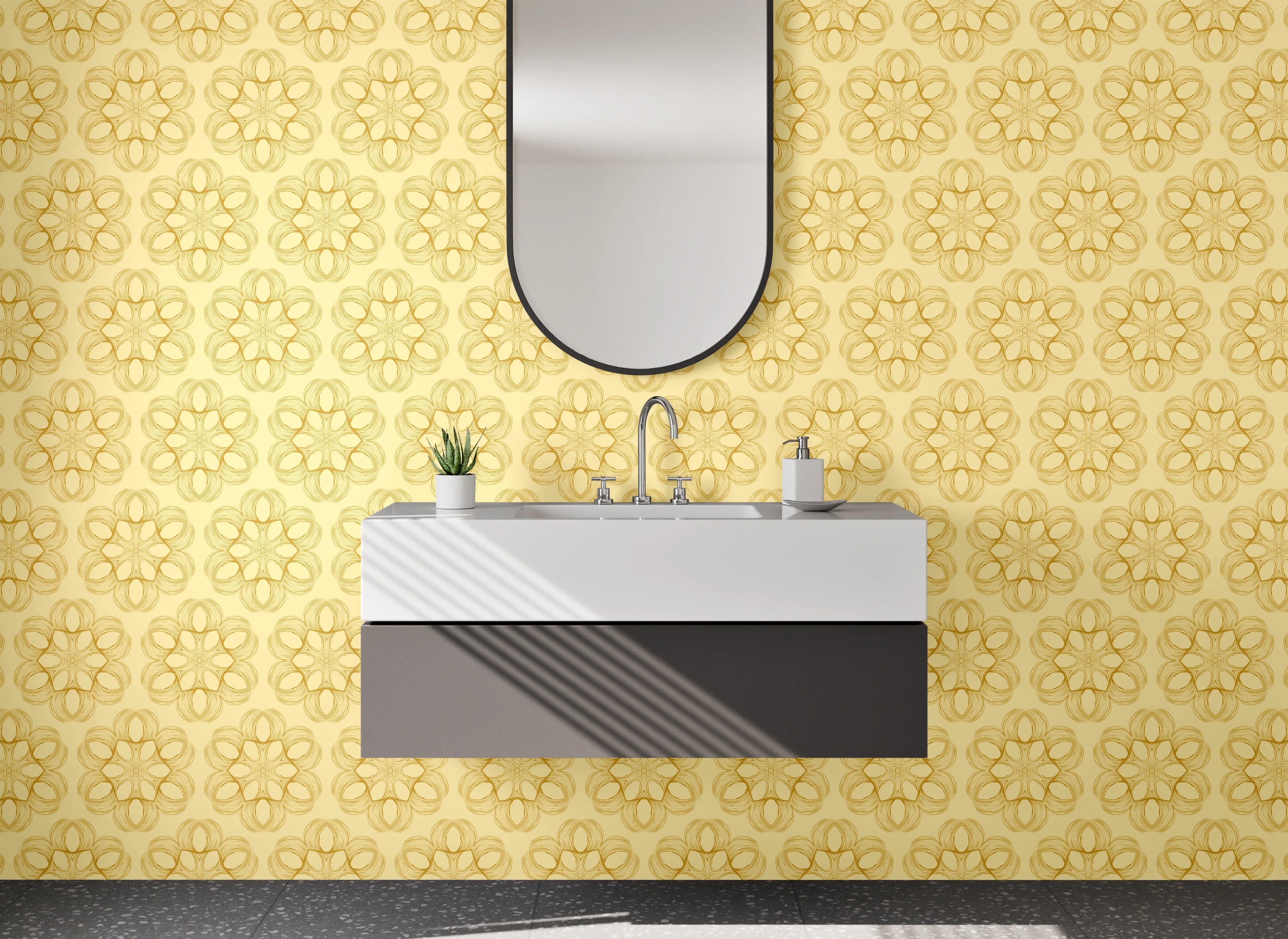 Waschbecken-Rückwand - Ornamentales Retro-Muster in Gold Beige