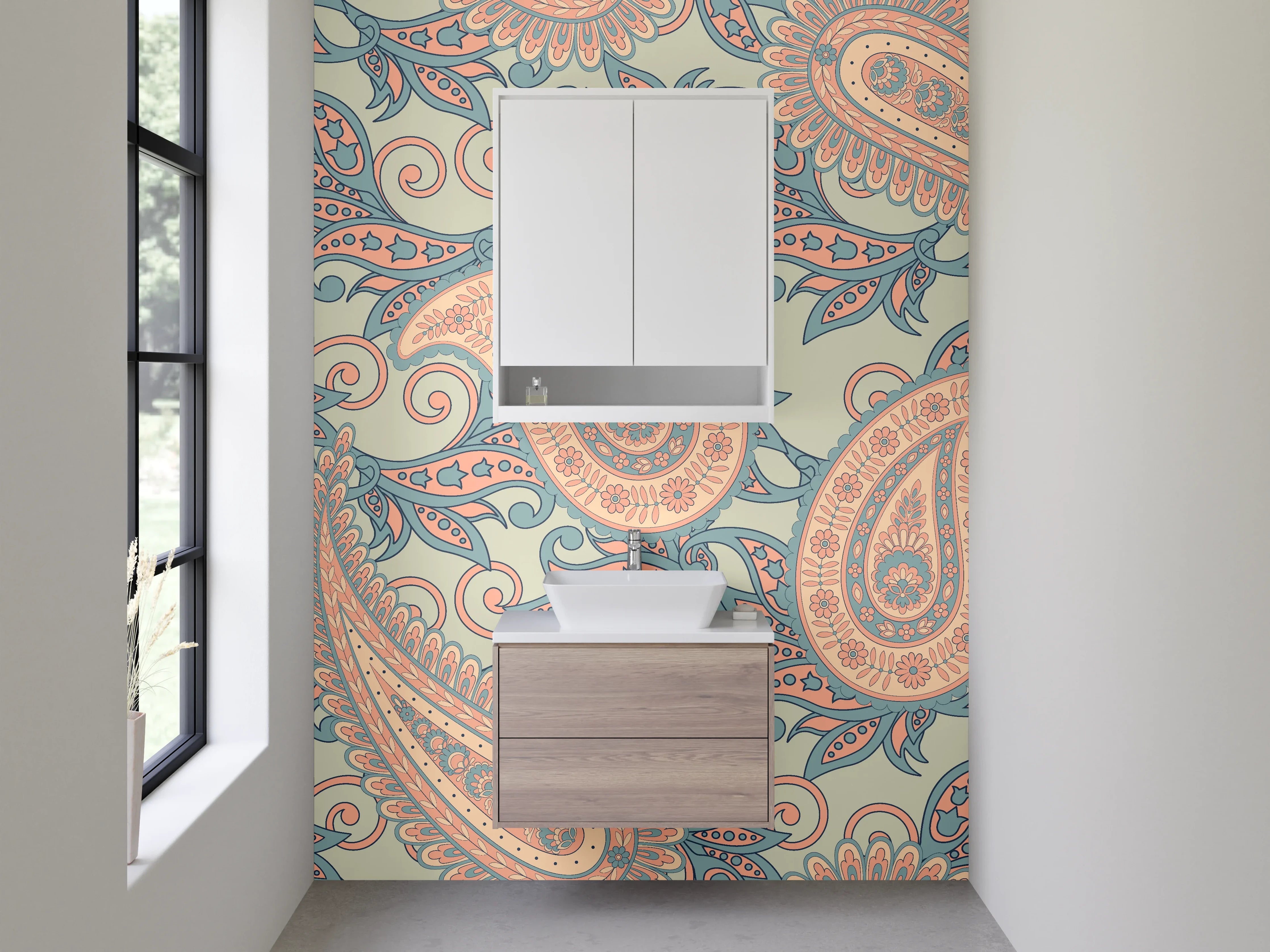 Waschbecken-Rückwand - Paisley Muster Retro Türkis Rosa