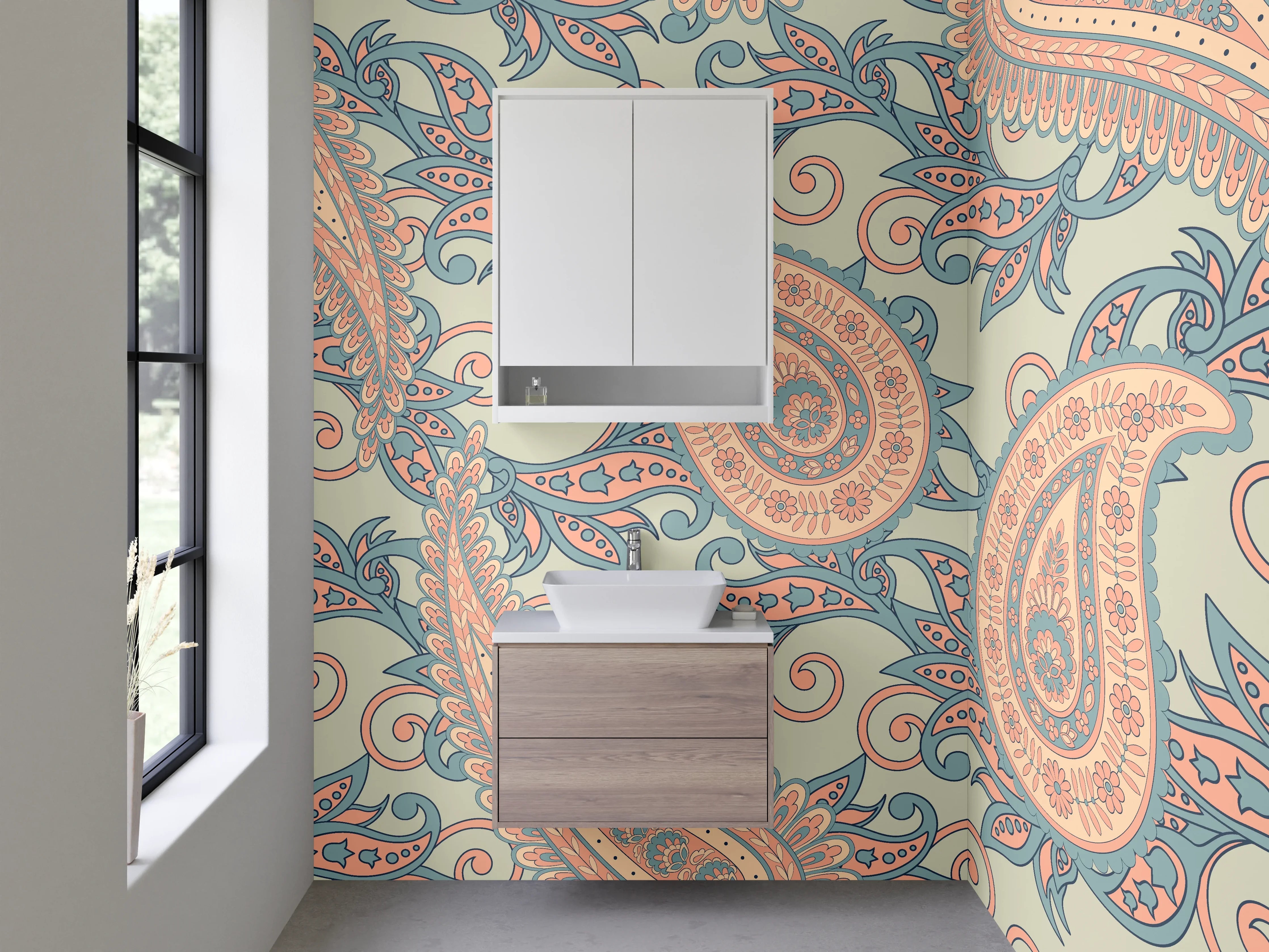 Waschbecken-Rückwand - Paisley Muster Retro Türkis Rosa