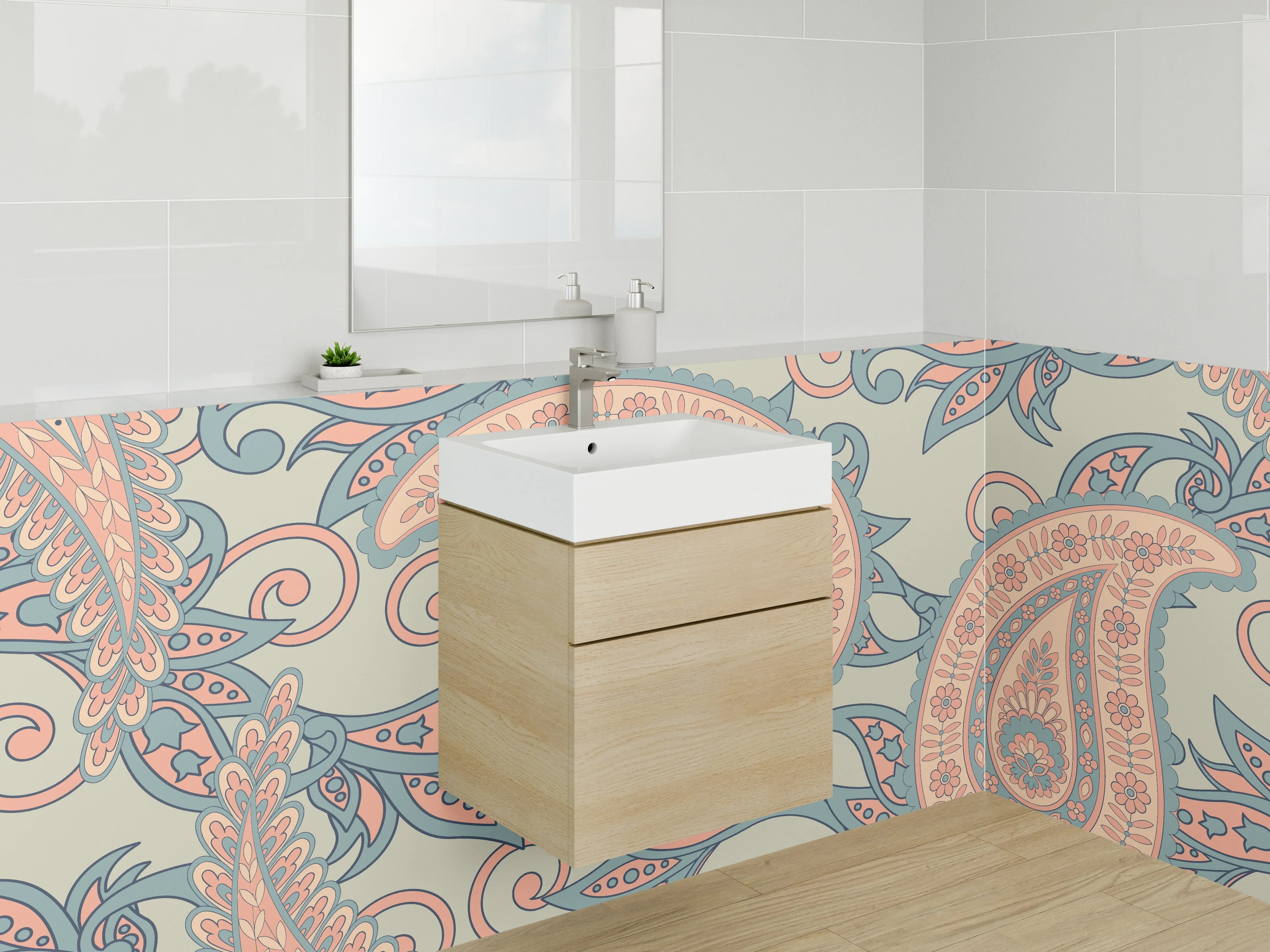 Waschbecken-Rückwand - Paisley Muster Retro Türkis Rosa