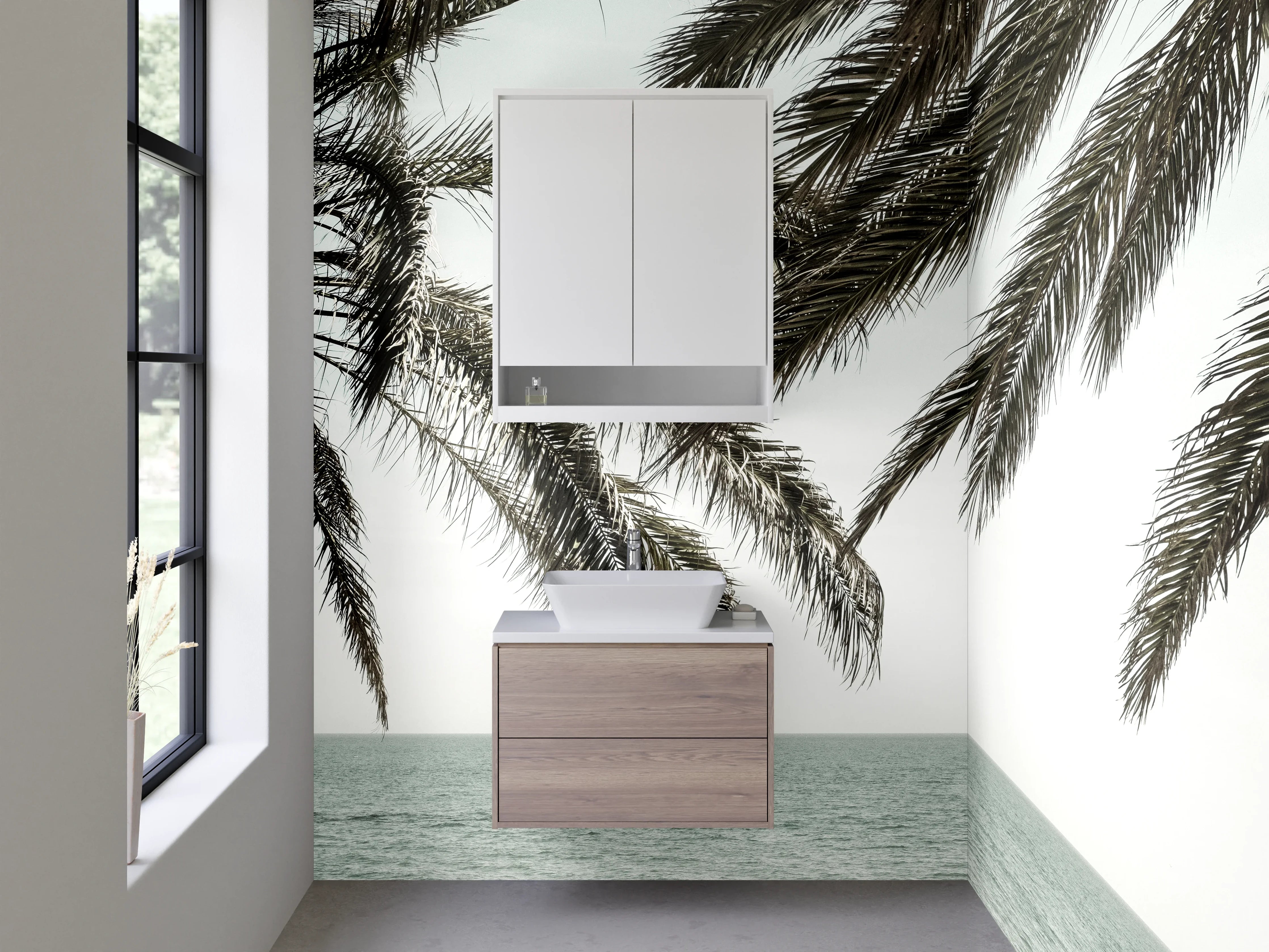 Waschbecken-Rückwand - Palmen am Meer bei Sonnenuntergang