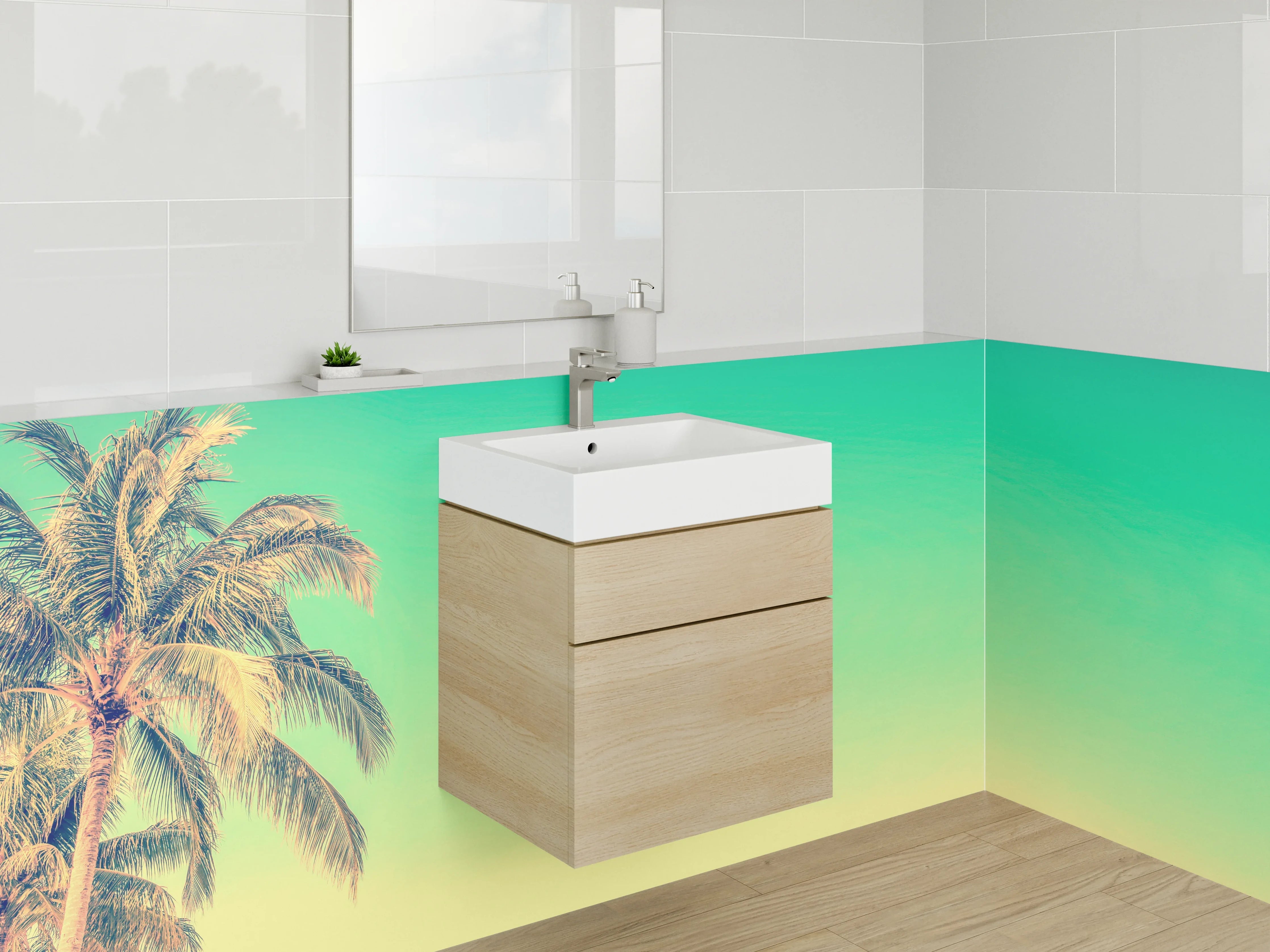 Waschbecken-Rückwand - Palmenstrand Retro Pastell