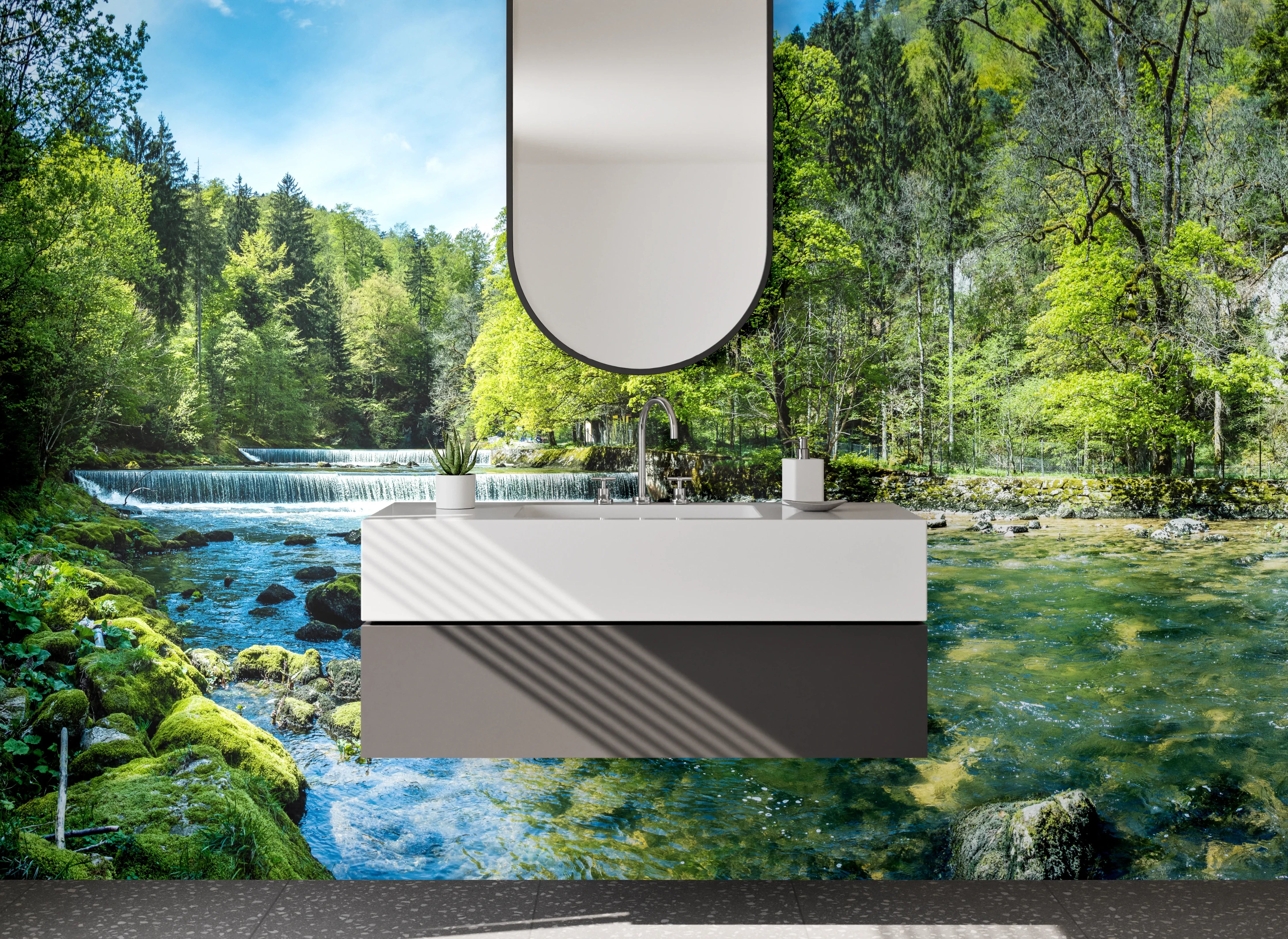 Waschbecken-Rückwand - Panorama Flusslandschaft im Wald