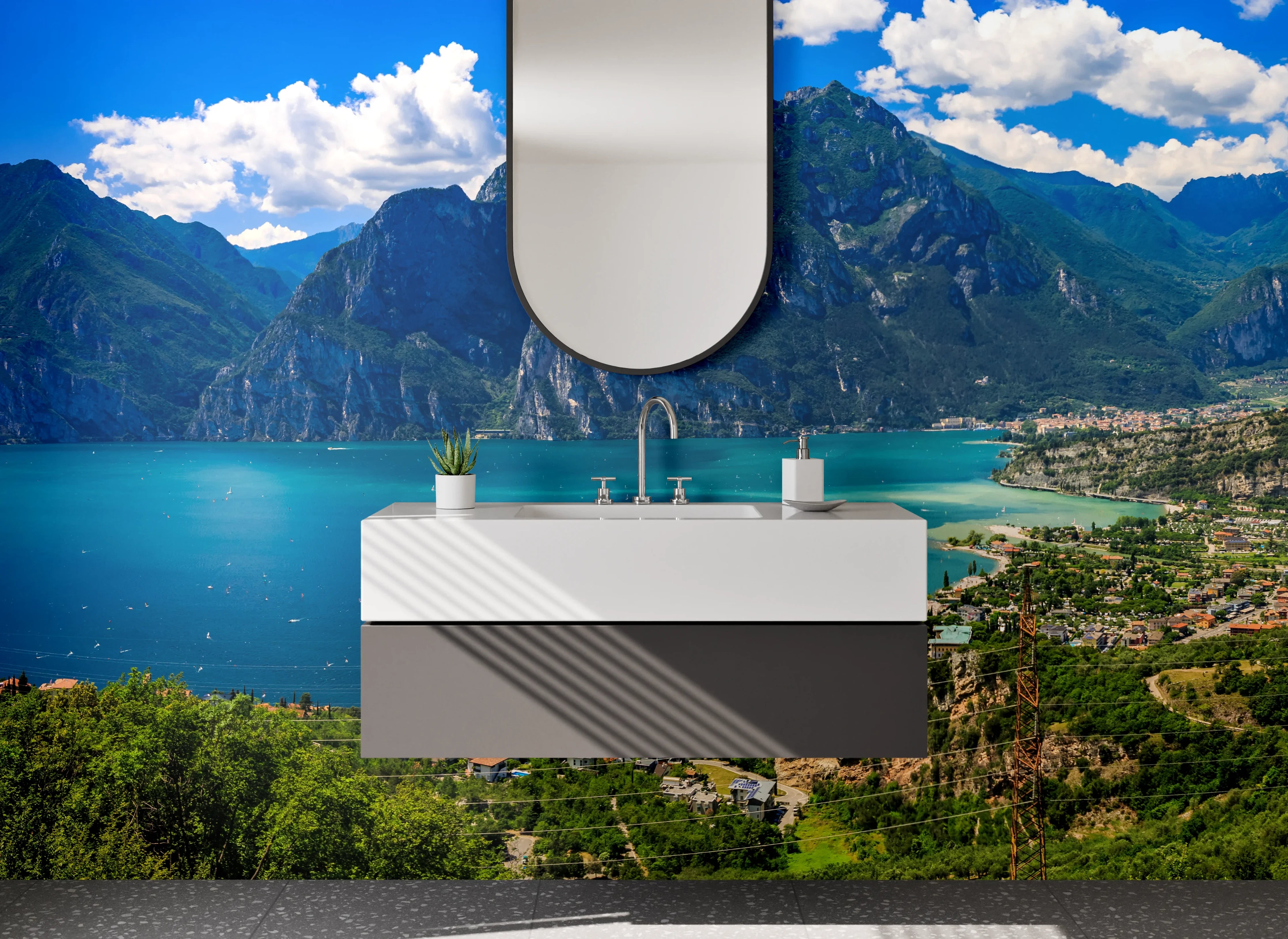Waschbecken-Rückwand - Panorama Gardasee Berge Blau