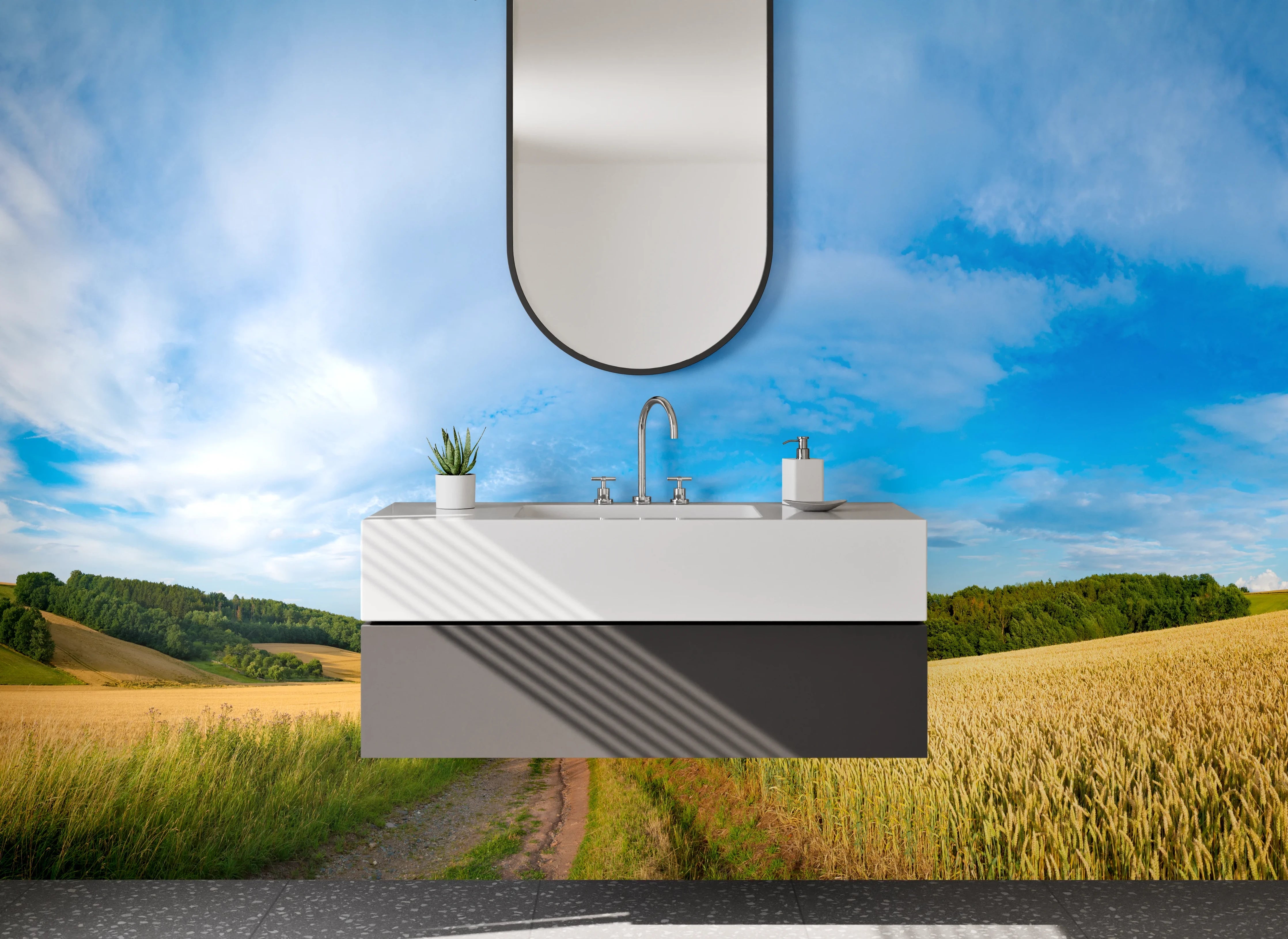 Waschbecken-Rückwand - Panorama Landschaft Feld Weg Himmel