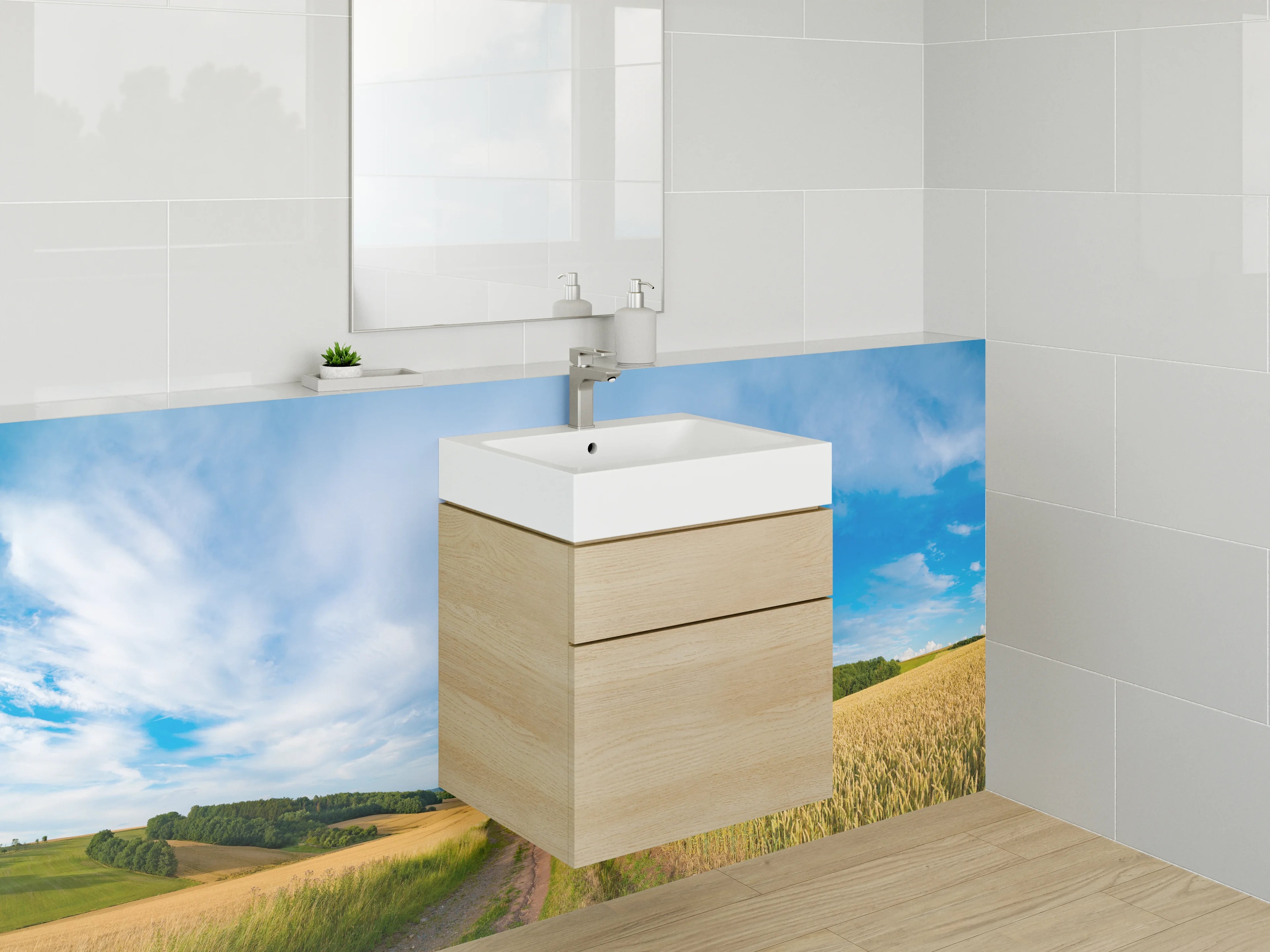 Waschbecken-Rückwand - Panorama Landschaft Feld Weg Himmel