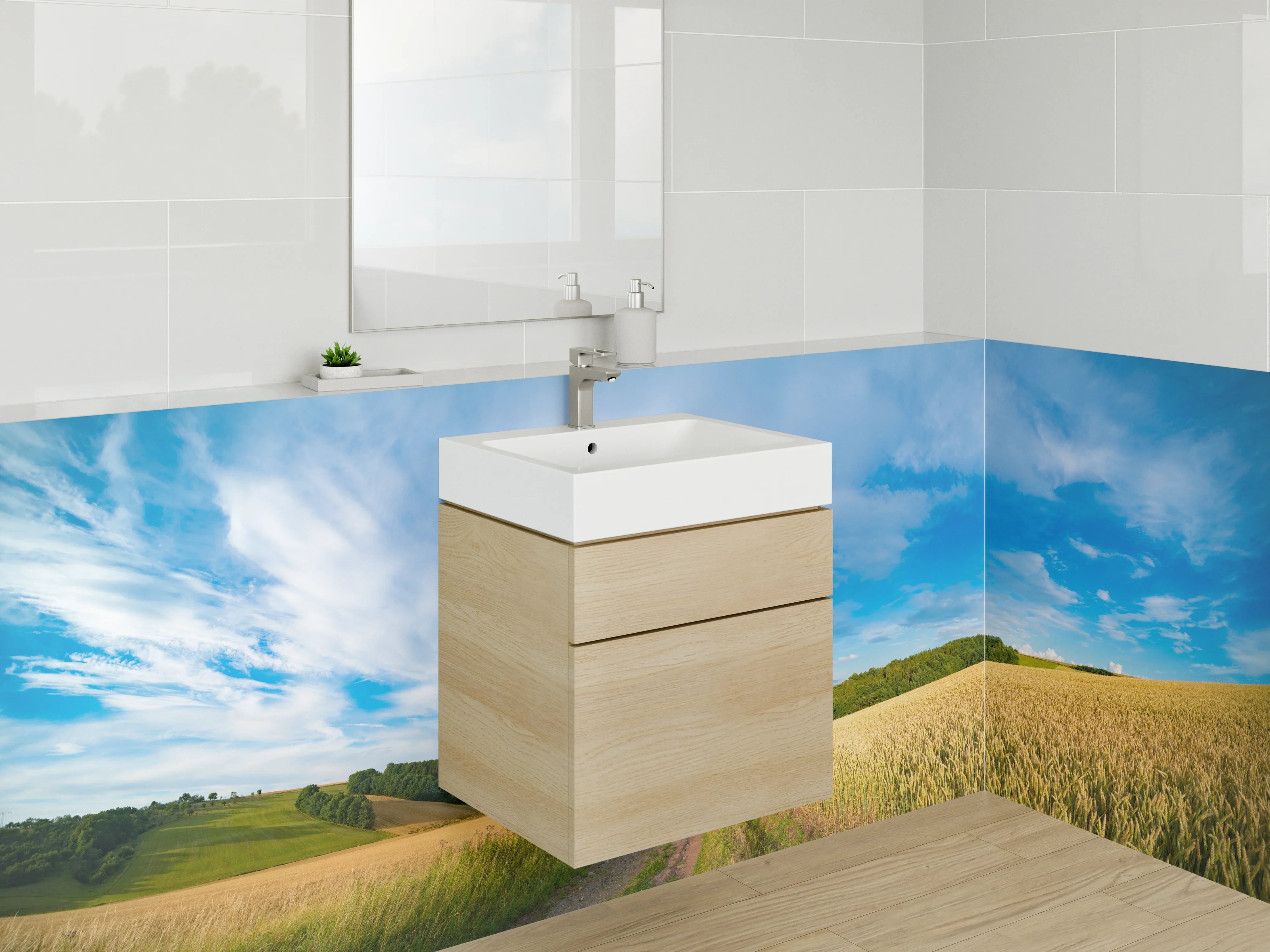 Waschbecken-Rückwand - Panorama Landschaft Feld Weg Himmel