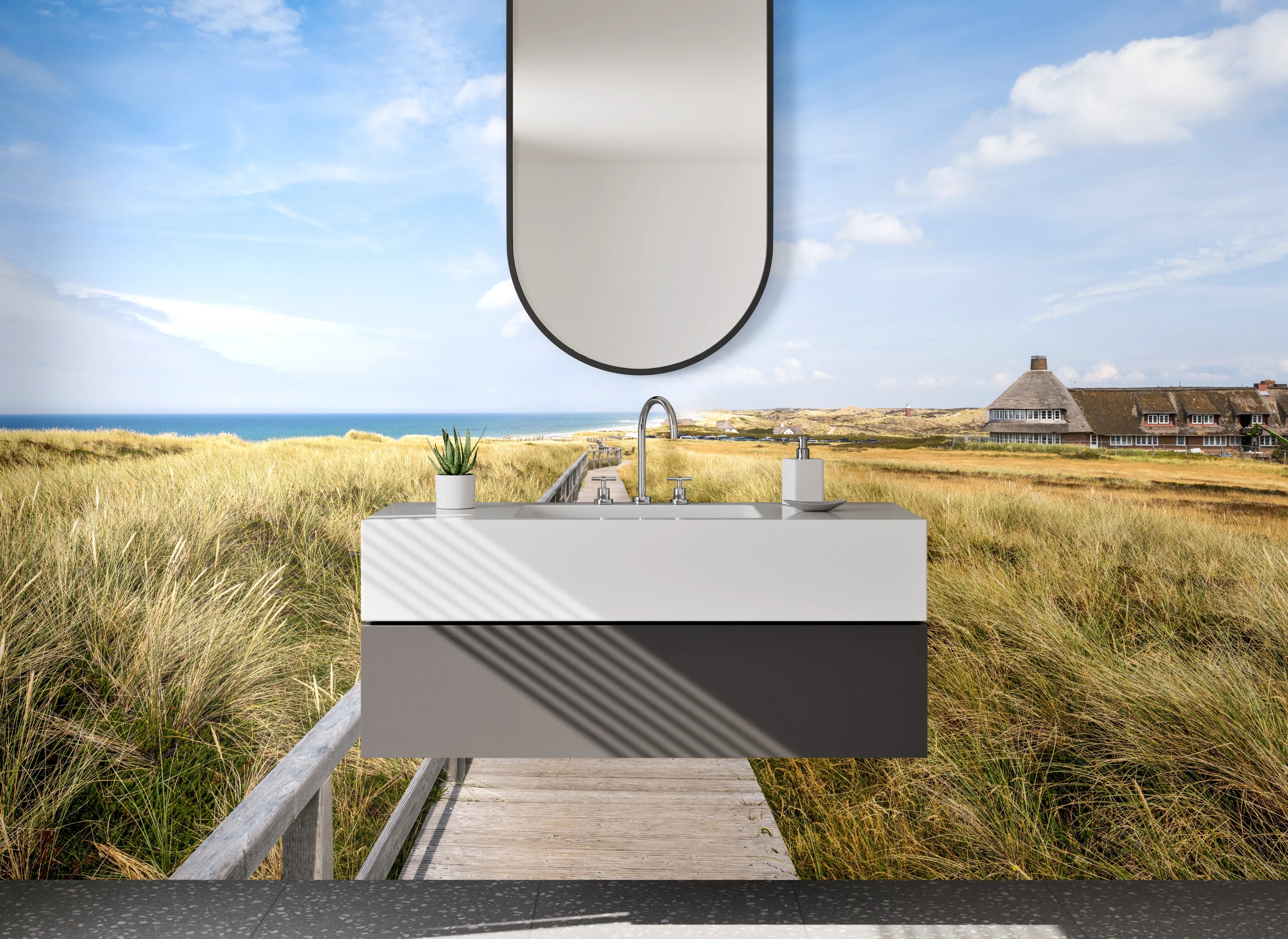 Waschbecken-Rückwand - Panorama Nordseeküste Holzsteg Dünen