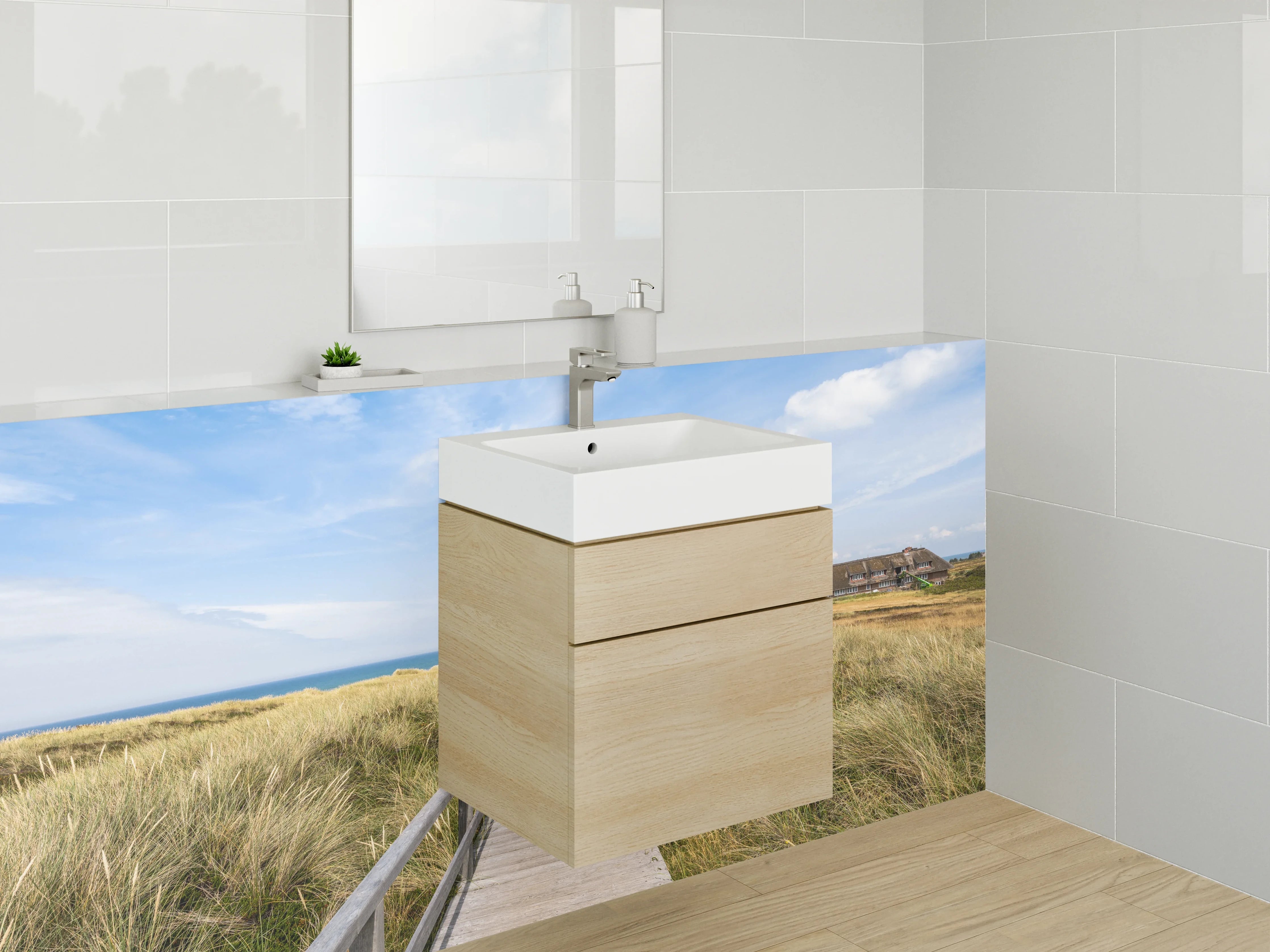 Waschbecken-Rückwand - Panorama Nordseeküste Holzsteg Dünen